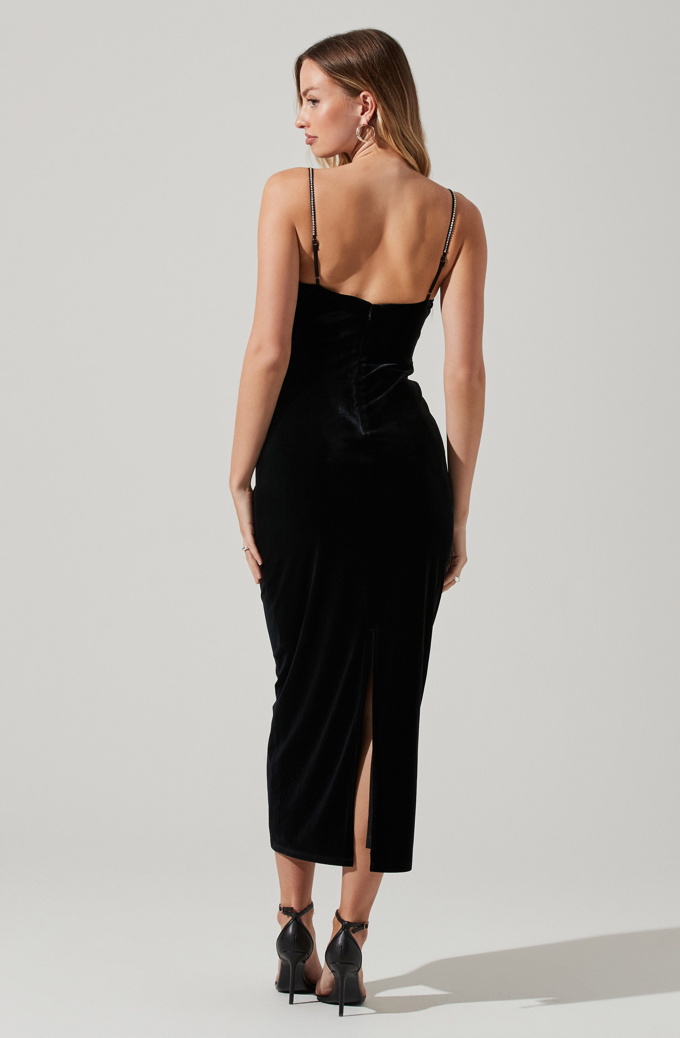 Evale Velvet Rhinestone Trim Midi Dress-Aljck