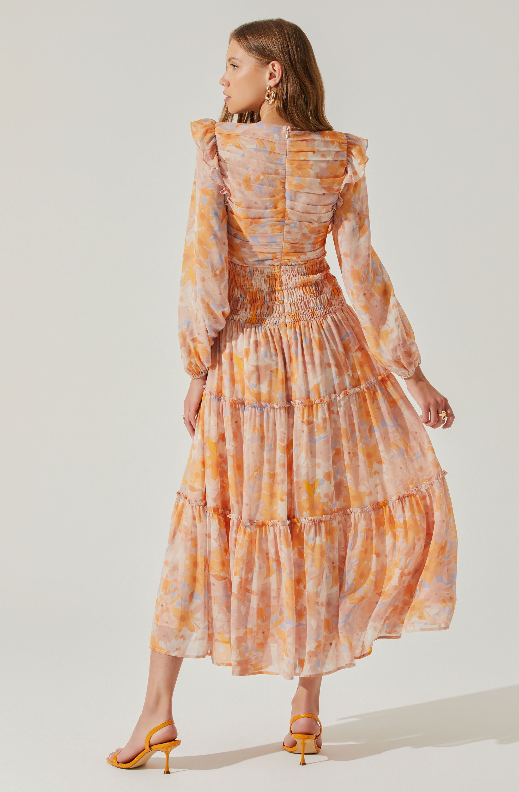 Eloraina Floral Tiered Long Sleeve Midi Dess-Aljck