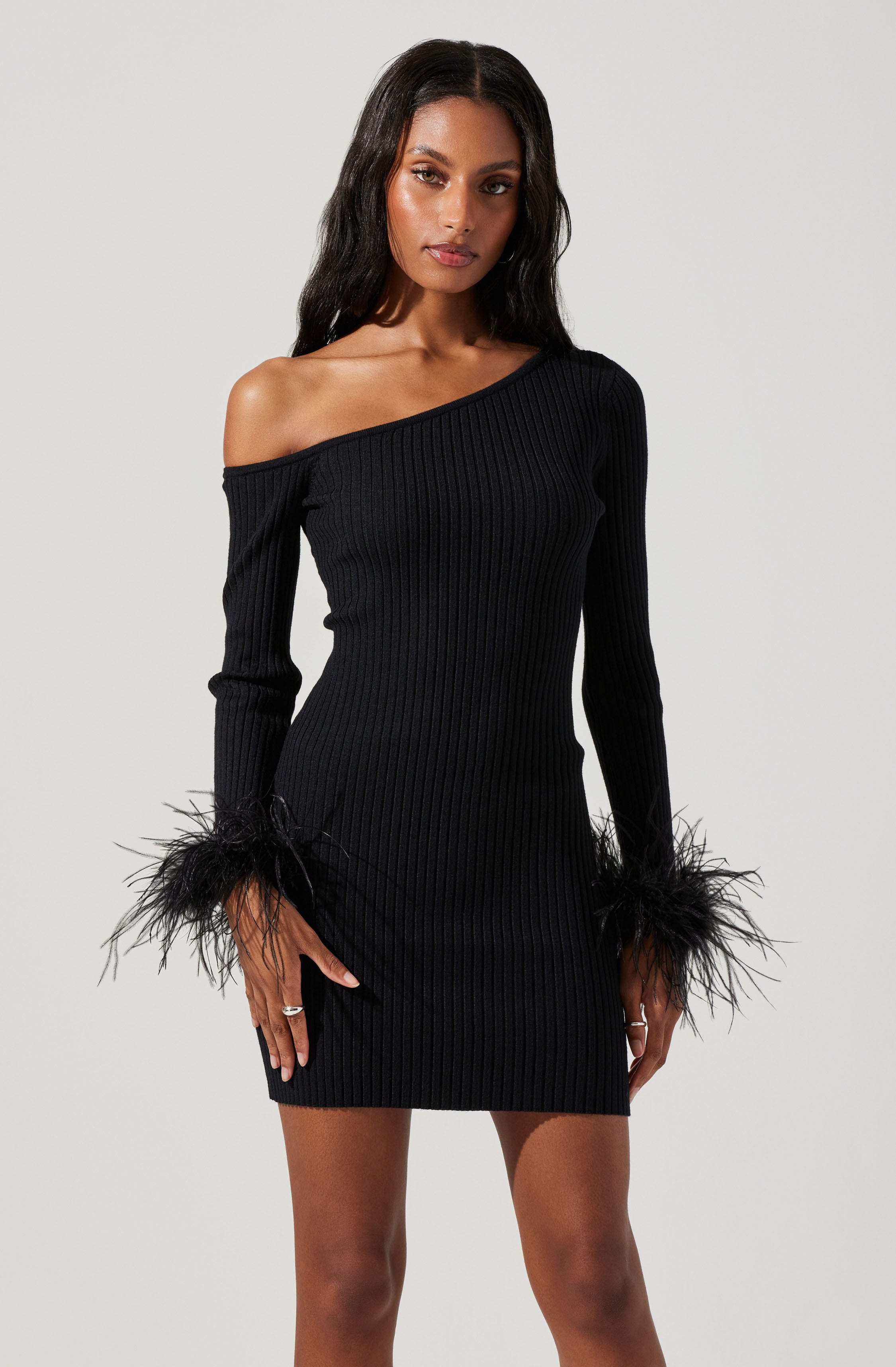 Liz Off Shoulder Feather Trim Mini Sweater Dress-Aljck