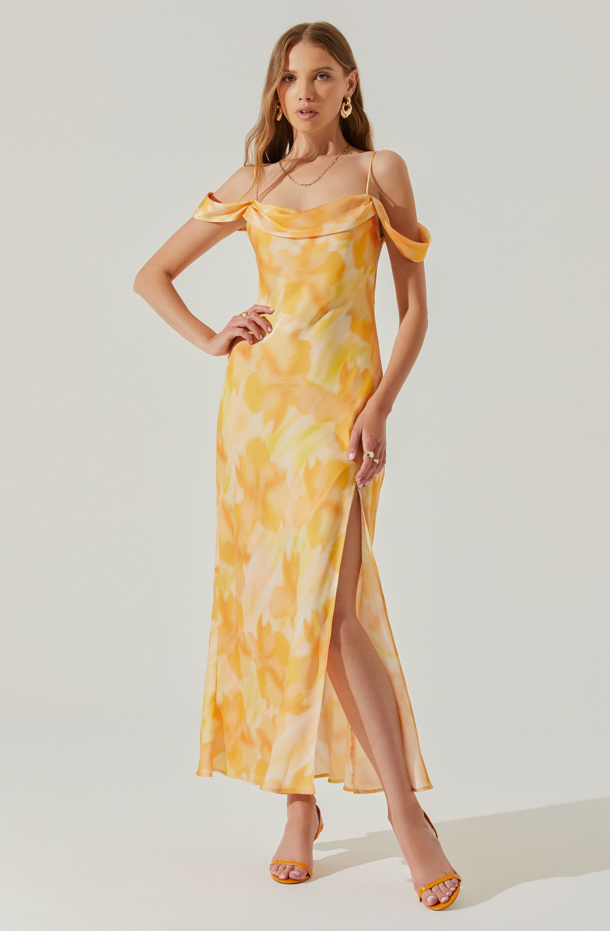 Kitura Cold Shoulder Cowl Neck Midi Dress-Aljck