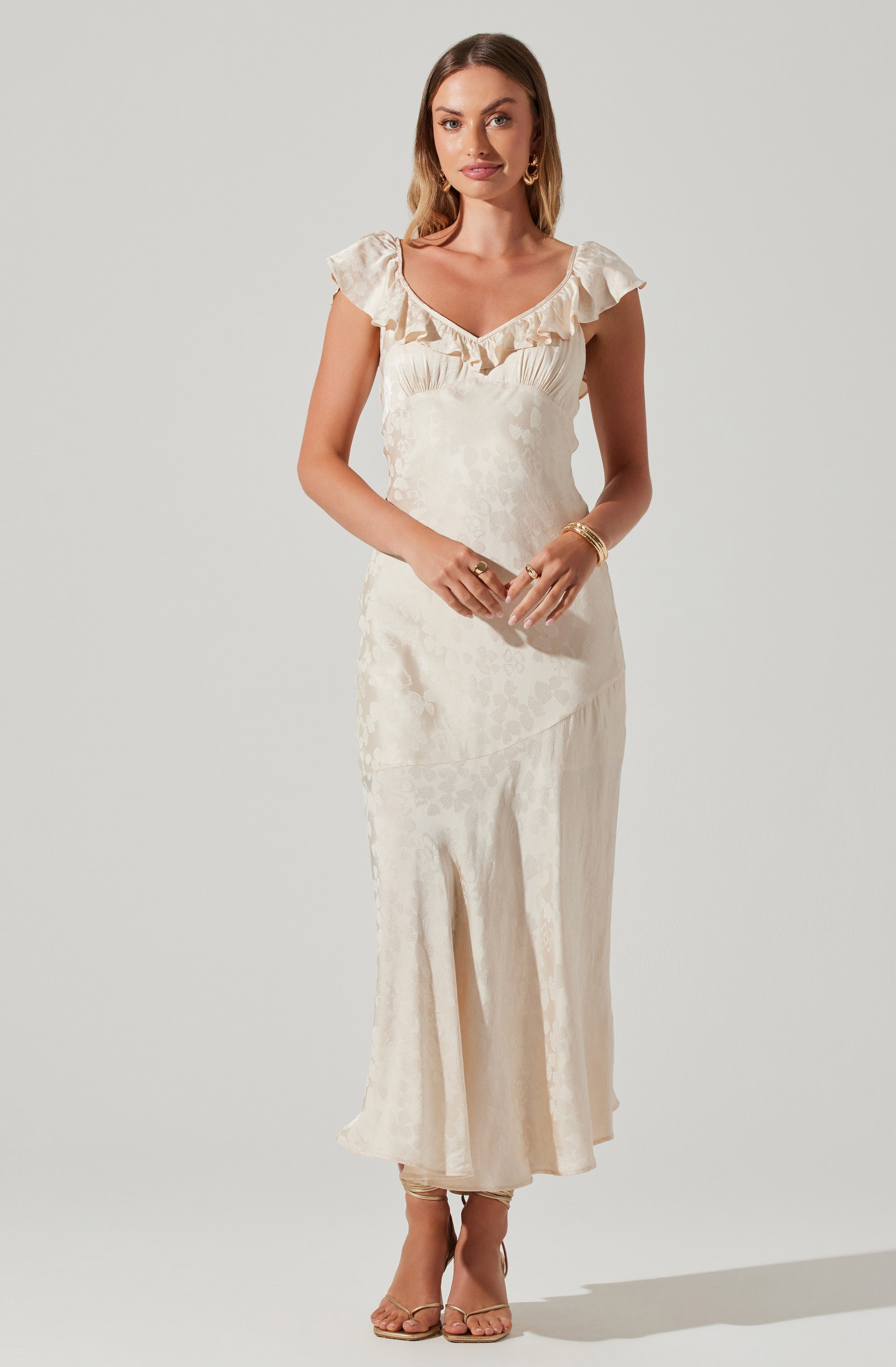 Freesia Jacquard Print Ruffle Midi Dress-Aljck