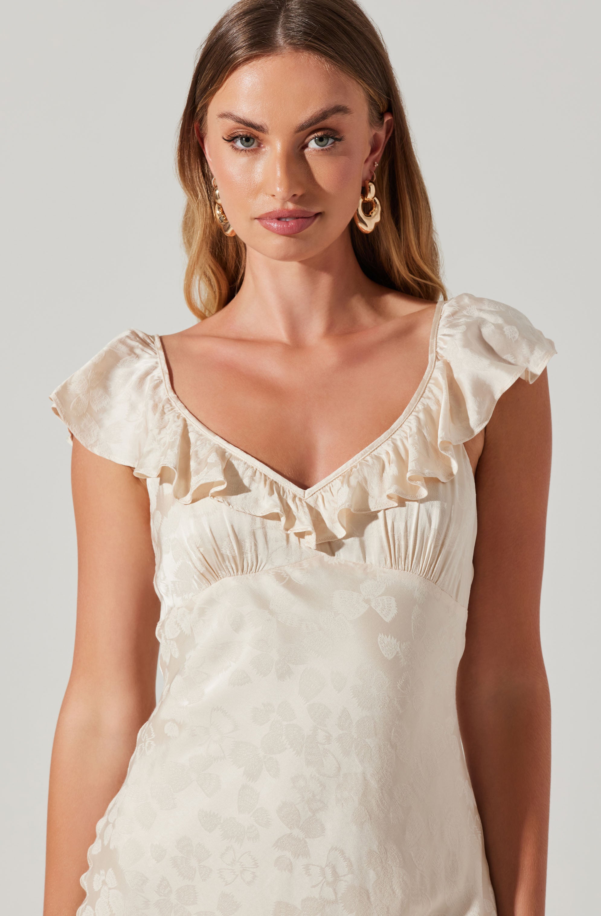 Freesia Jacquard Print Ruffle Midi Dress-Aljck