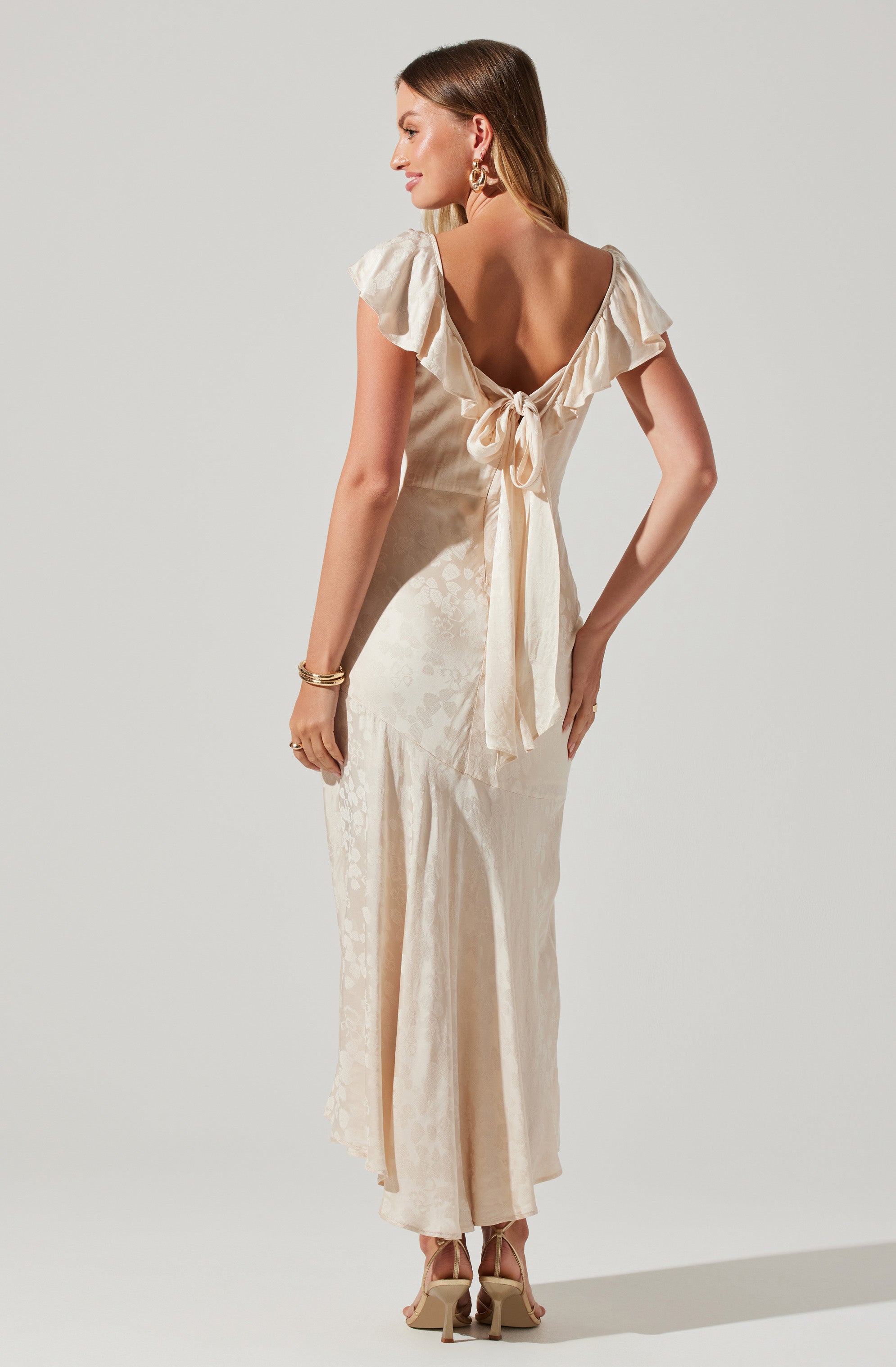 Freesia Jacquard Print Ruffle Midi Dress-Aljck