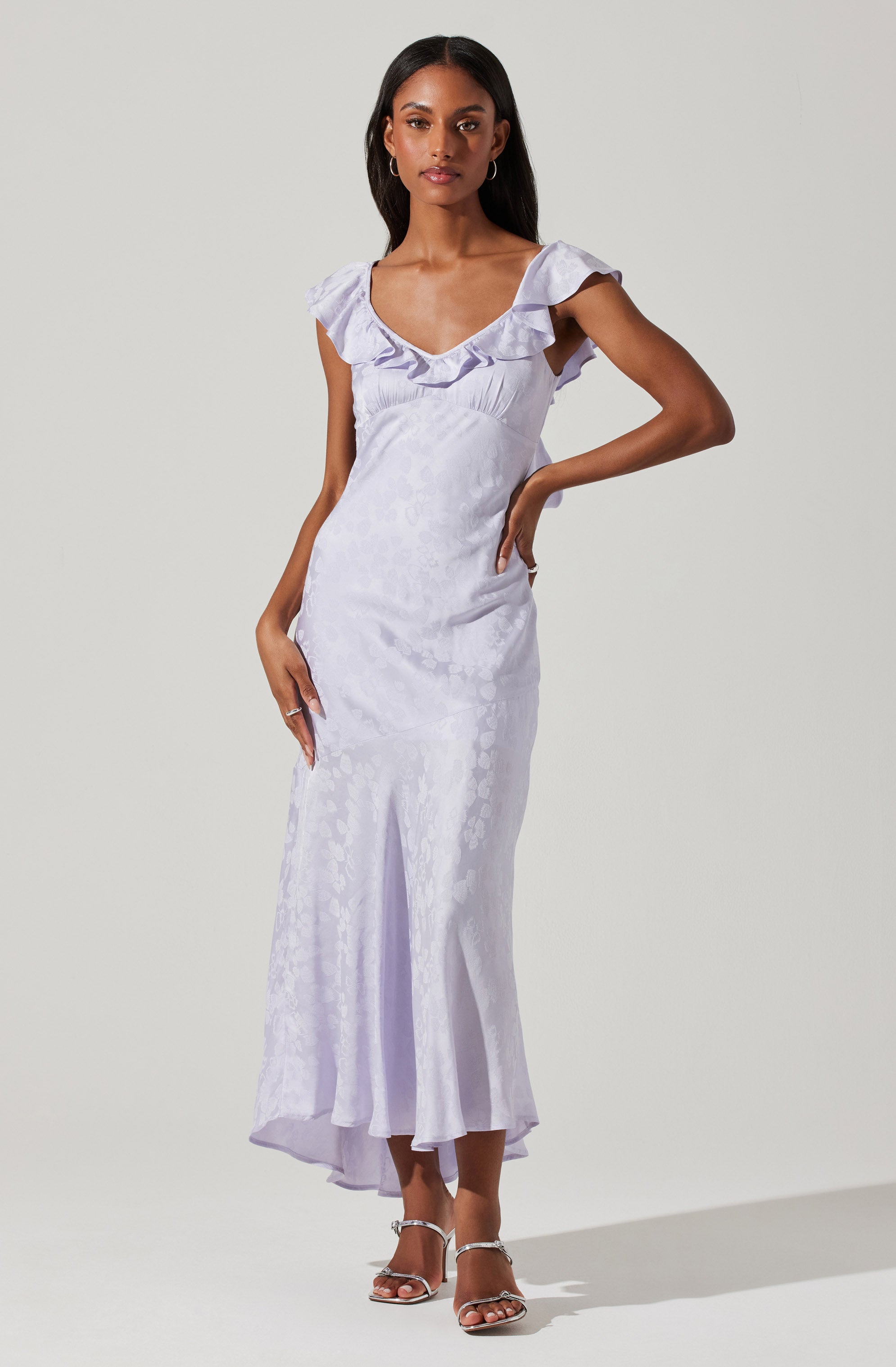 Freesia Jacquard Print Ruffle Midi Dress-Aljck