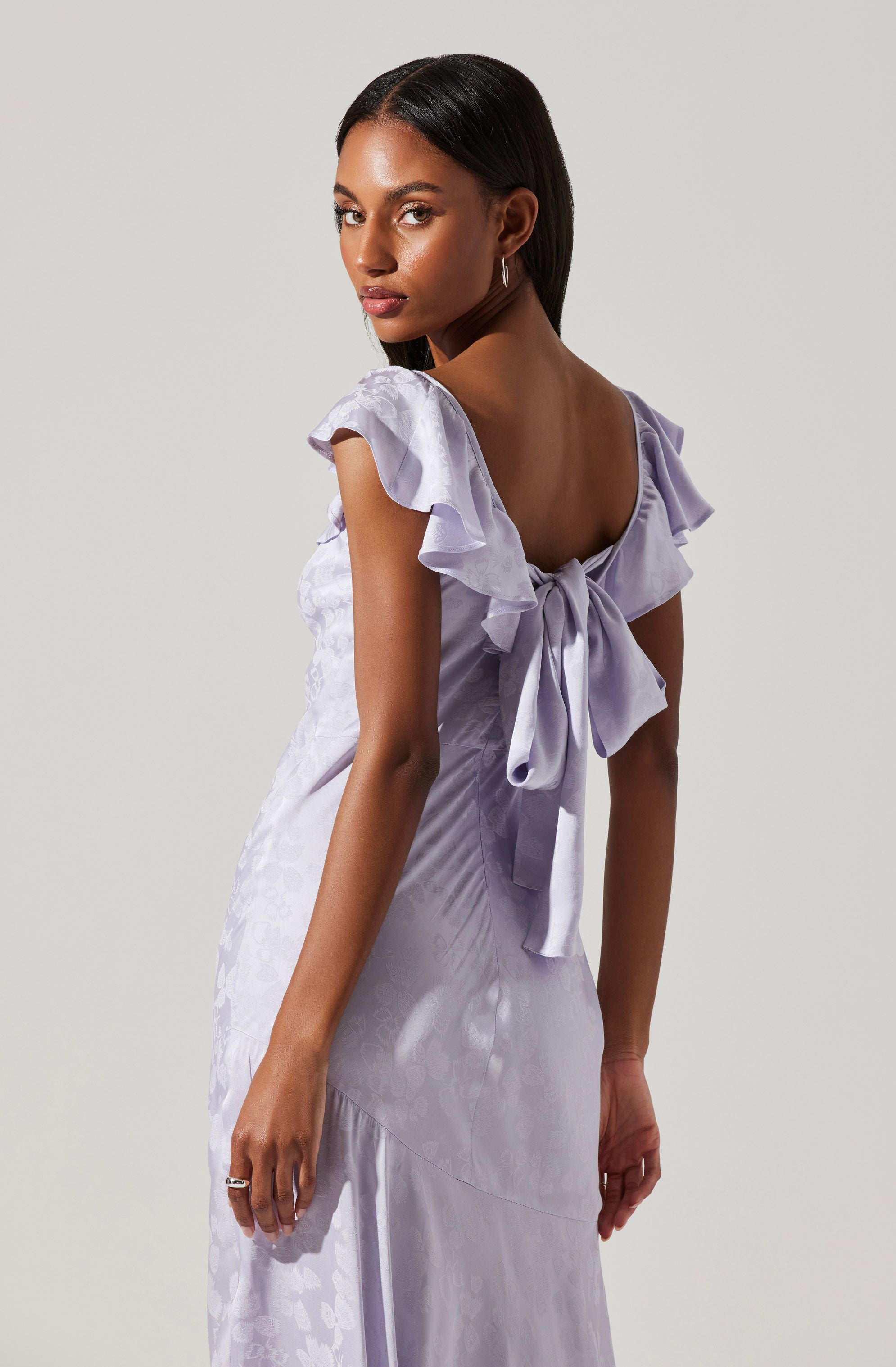 Freesia Jacquard Print Ruffle Midi Dress-Aljck