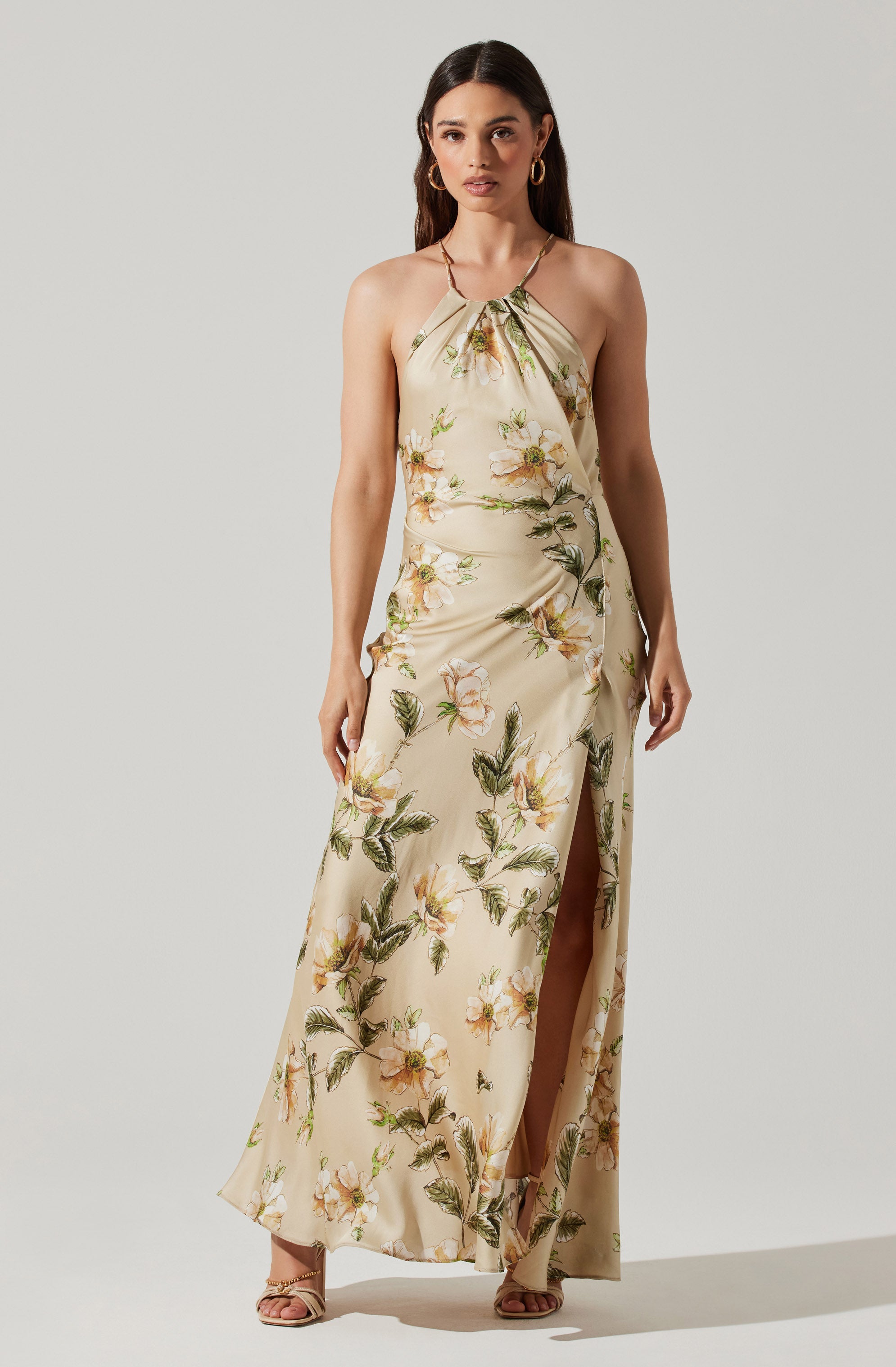 Elynor Satin Floral Halter Maxi Dress-Aljck