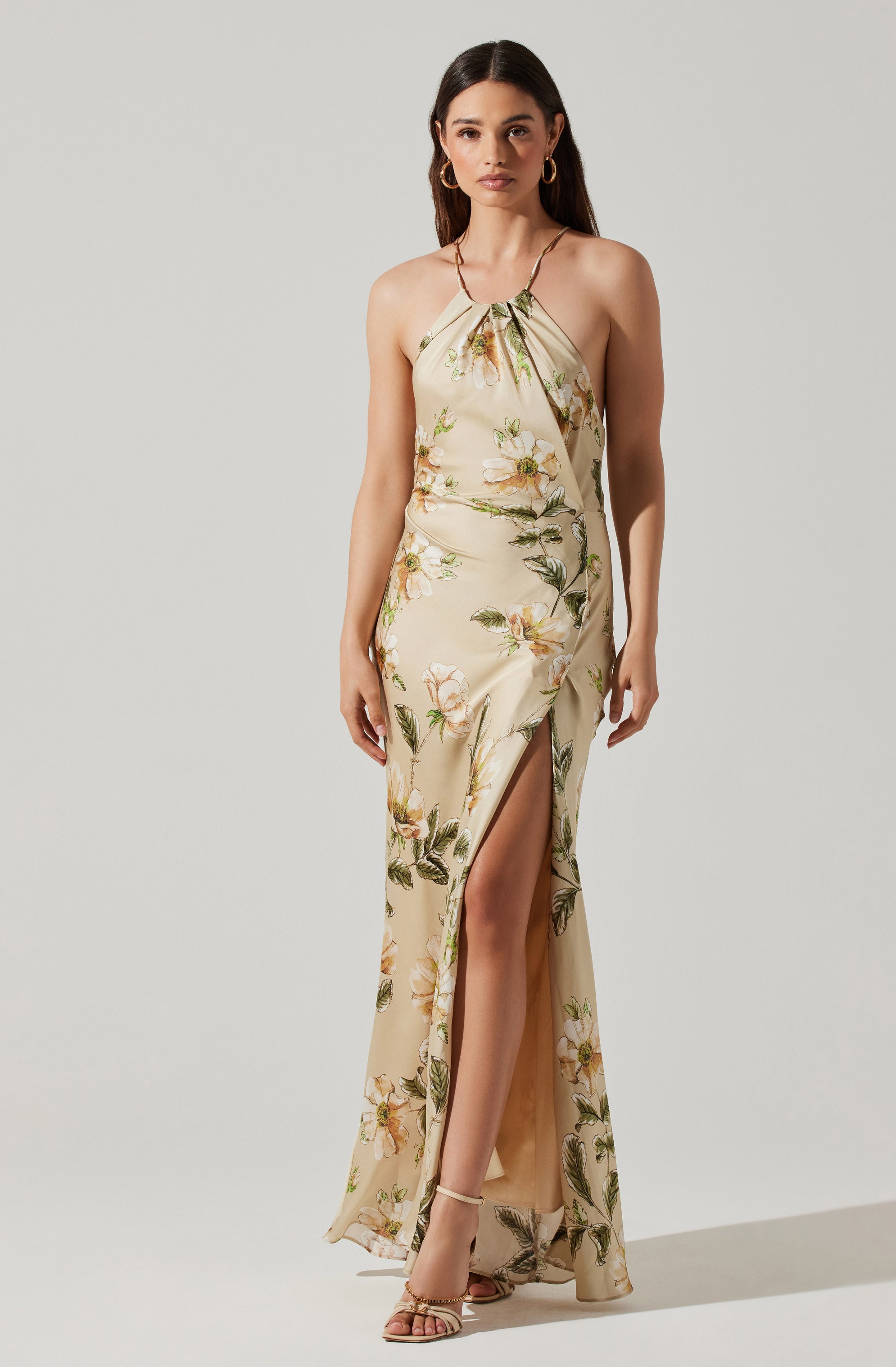 Elynor Satin Floral Halter Maxi Dress-Aljck
