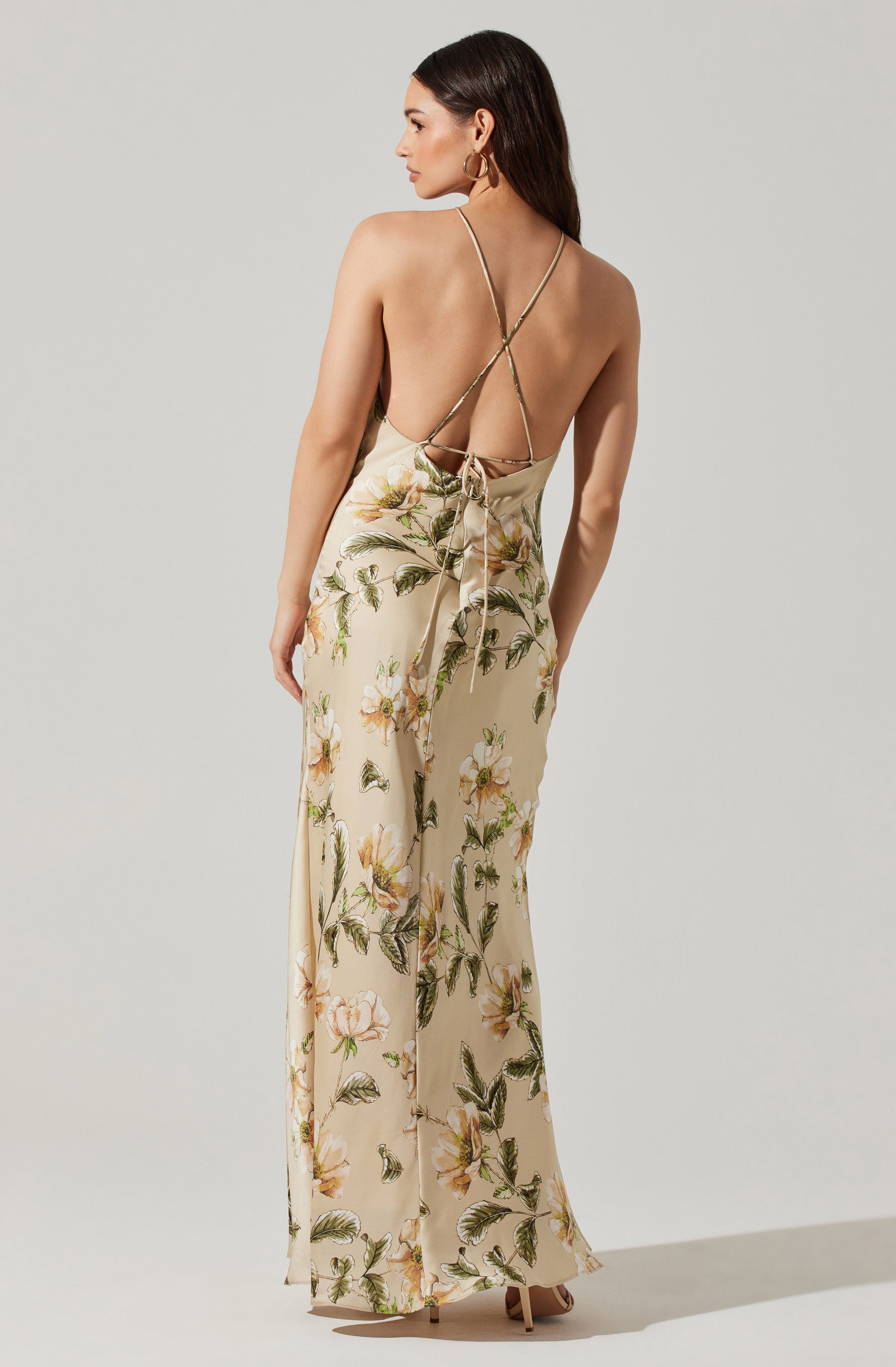 Elynor Satin Floral Halter Maxi Dress-Aljck