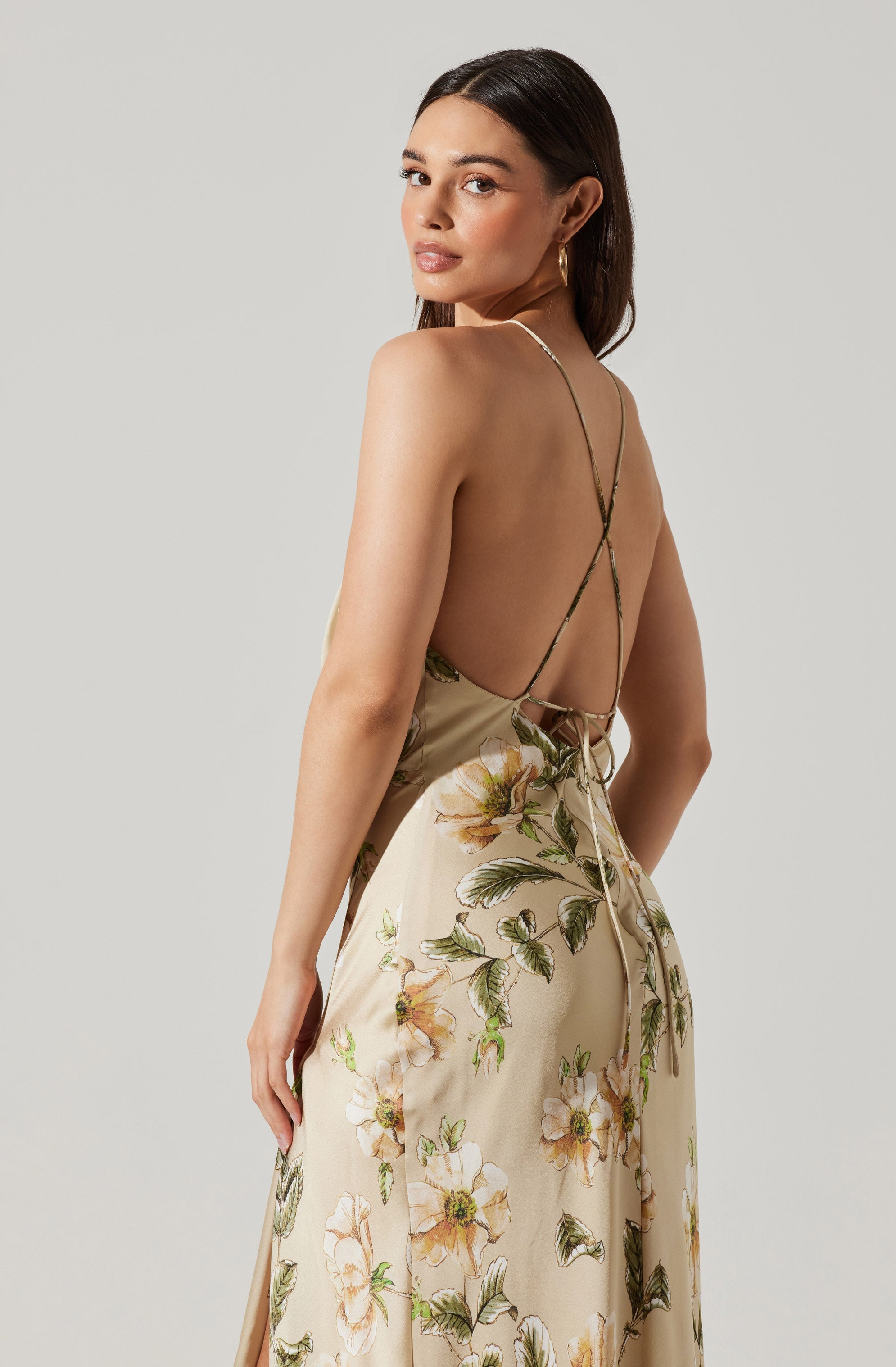Elynor Satin Floral Halter Maxi Dress-Aljck