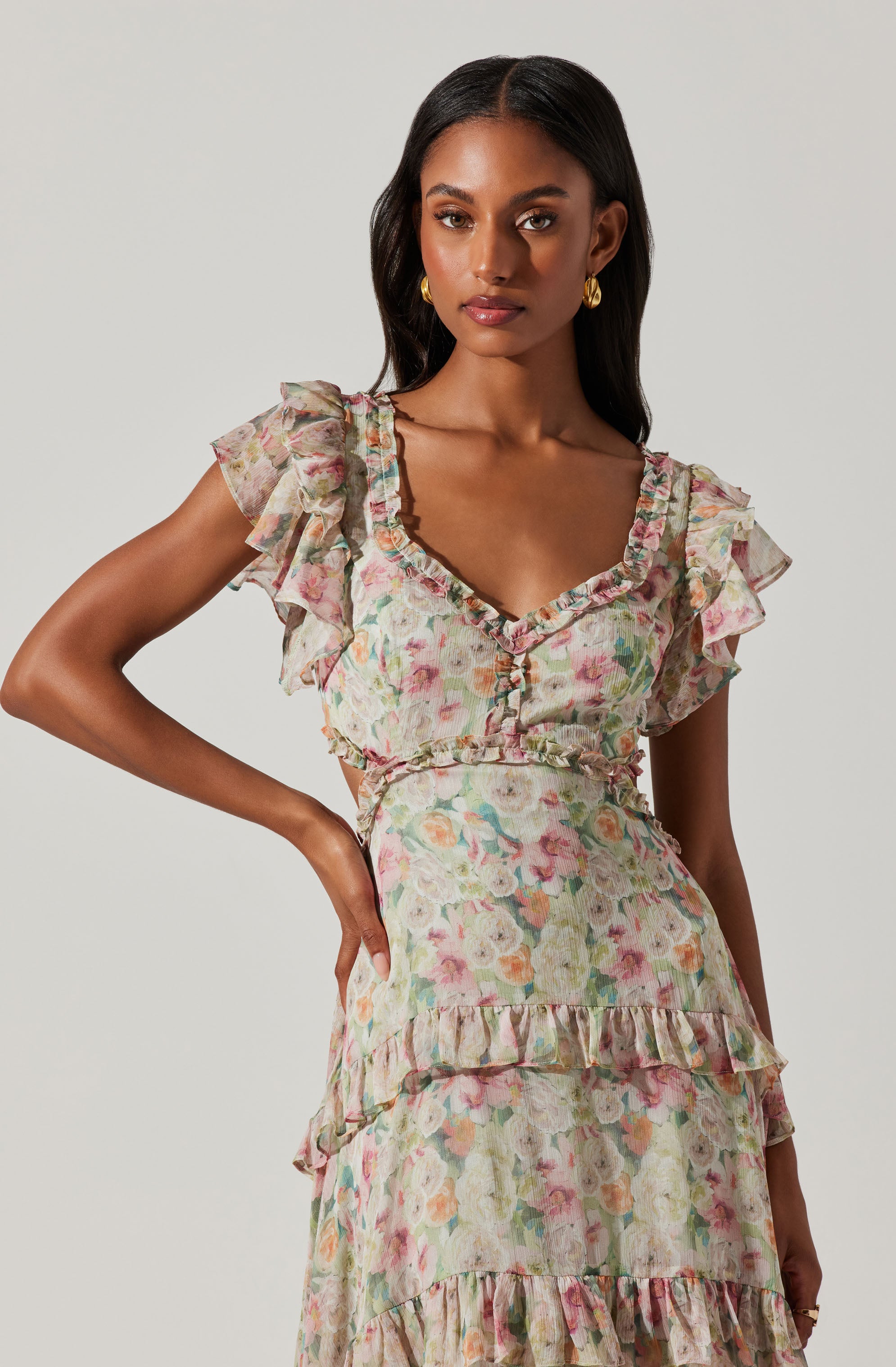 Mable Floral Tiered Ruffle Maxi Dress-Aljck