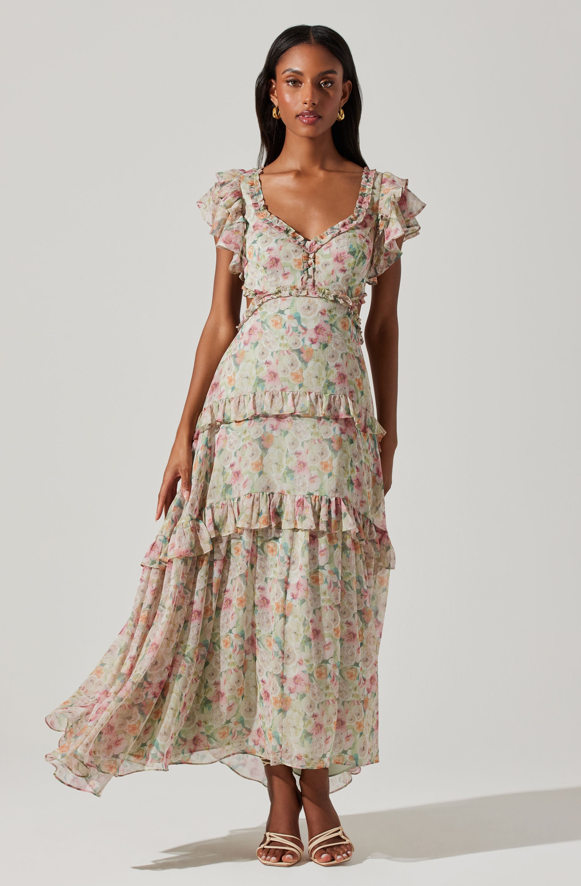 Mable Floral Tiered Ruffle Maxi Dress-Aljck
