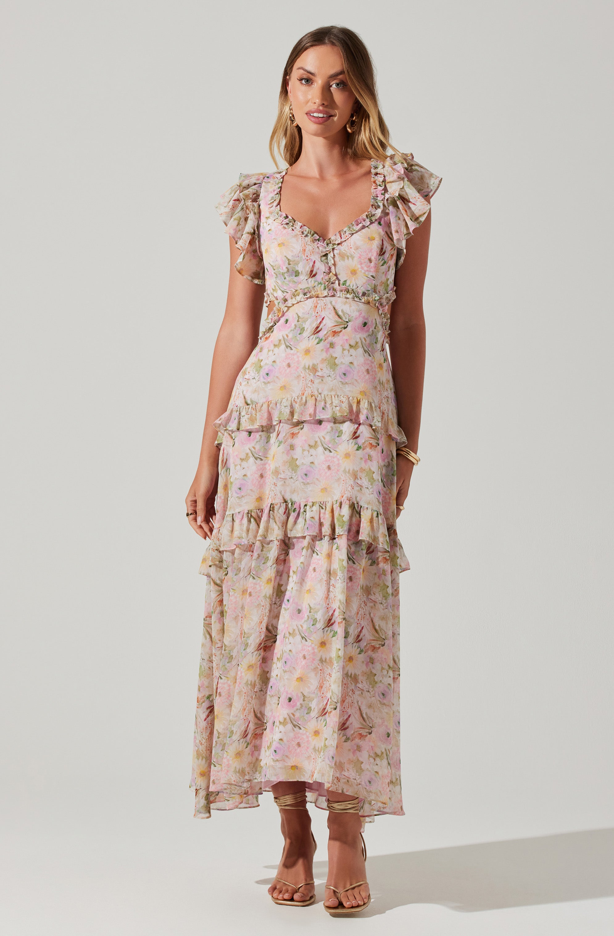 Mable Floral Tiered Ruffle Maxi Dress-Aljck