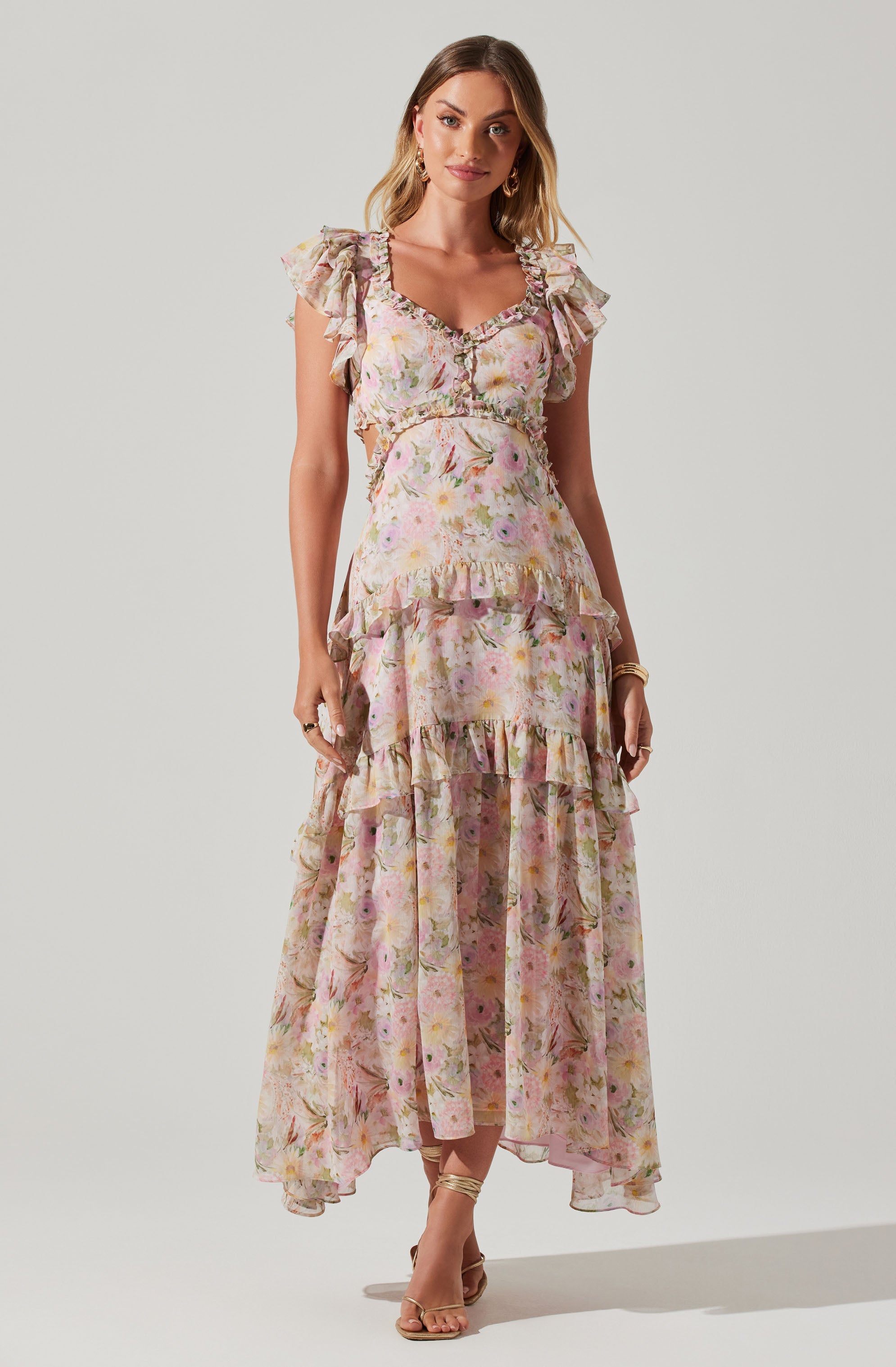 Mable Floral Tiered Ruffle Maxi Dress-Aljck