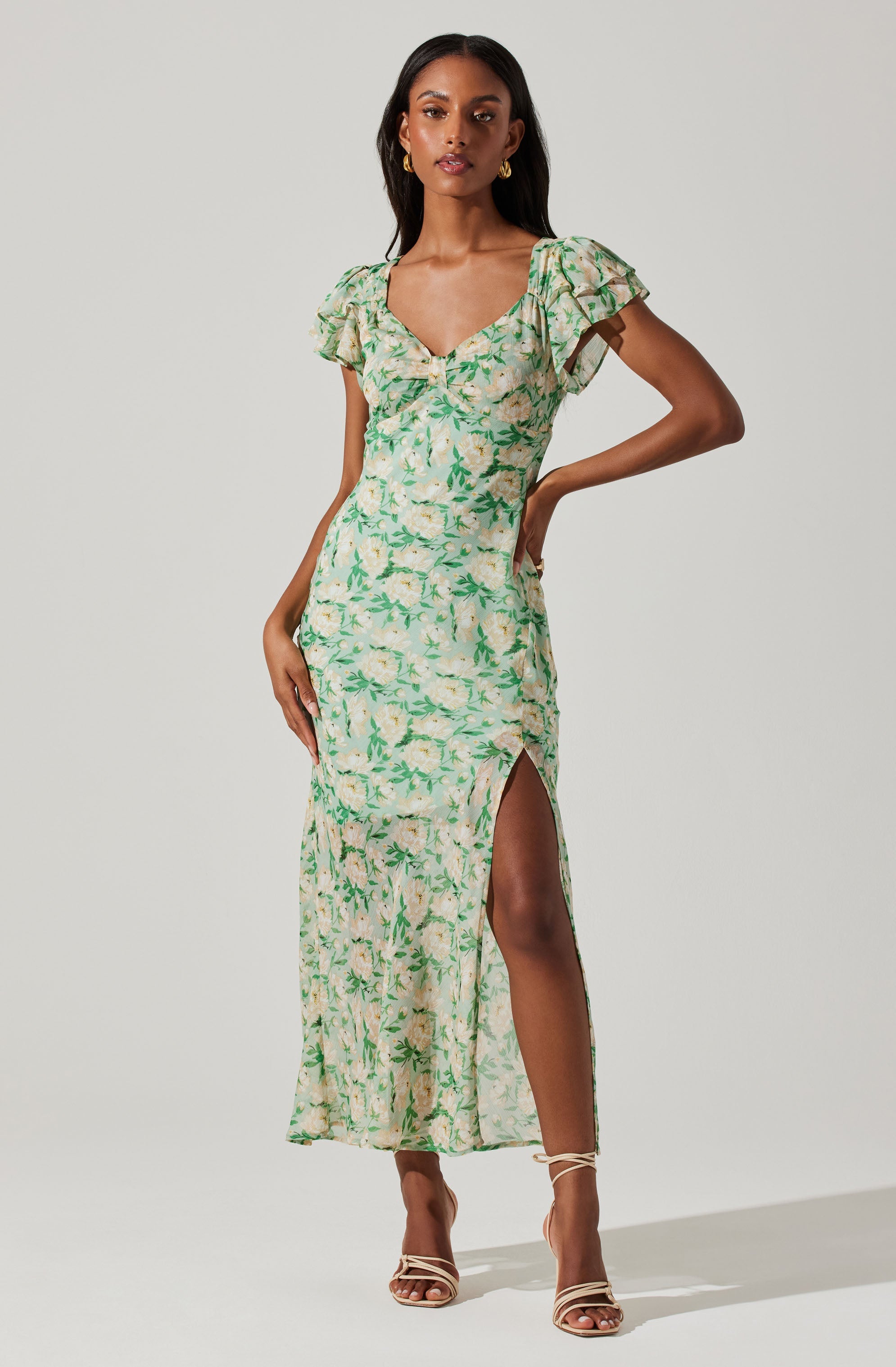 Maisy Floral Flutter Sleeve Midi Dress-Aljck