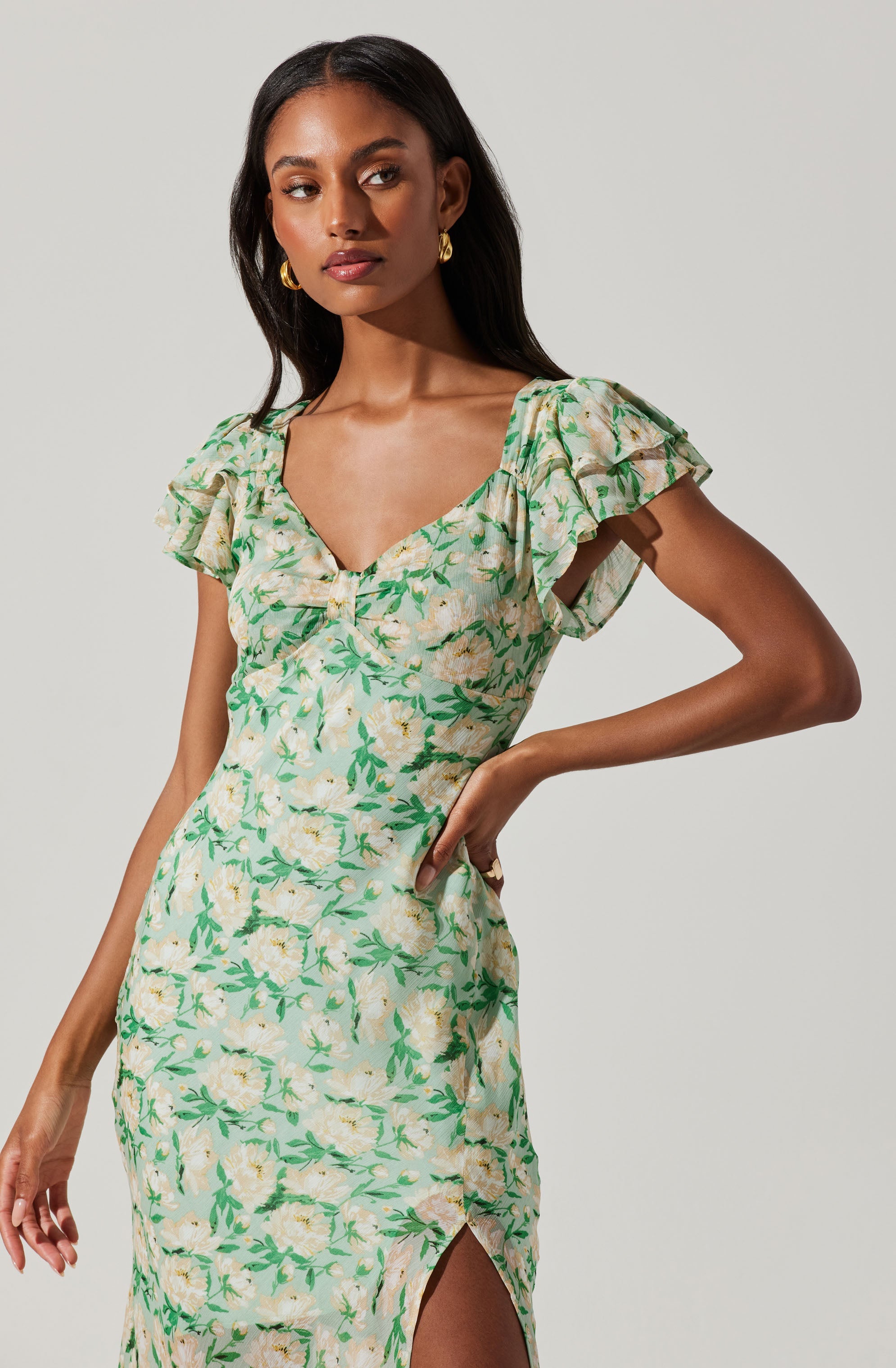 Maisy Floral Flutter Sleeve Midi Dress-Aljck