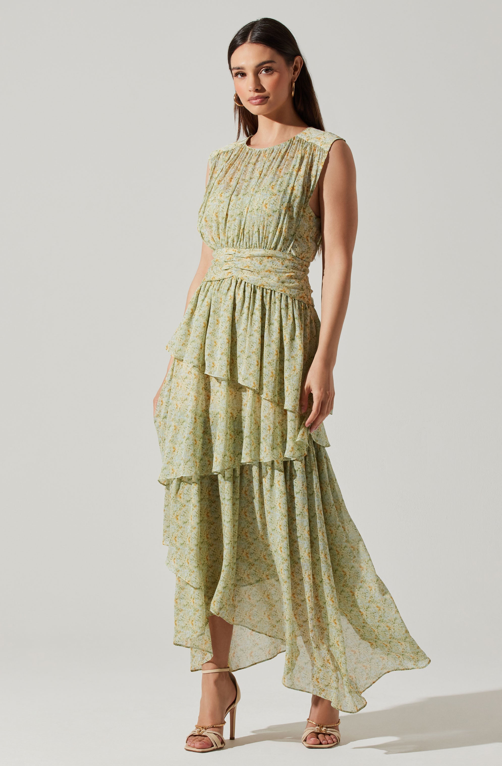 Clio Floral Tiered Ruffled Midi Dress-Aljck