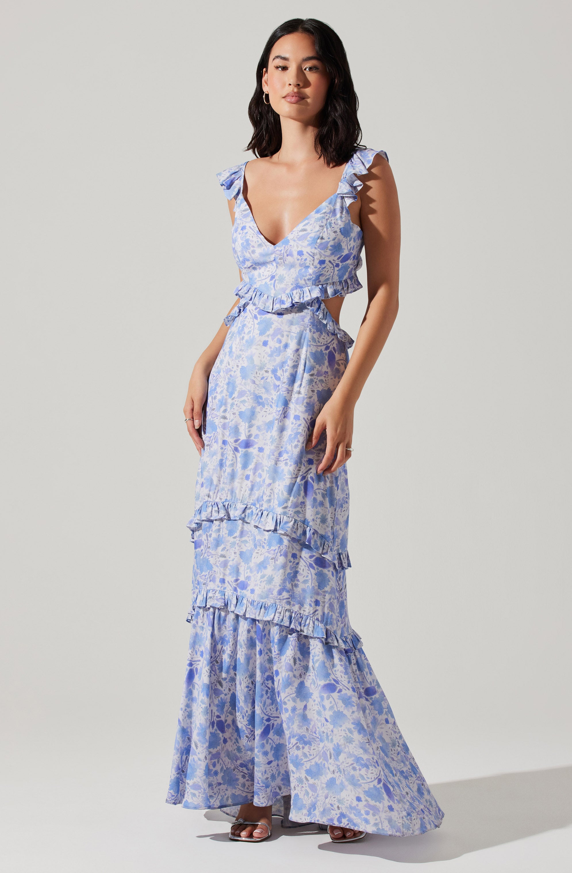 Cassis Floral Ruffle Maxi Dress-Aljck