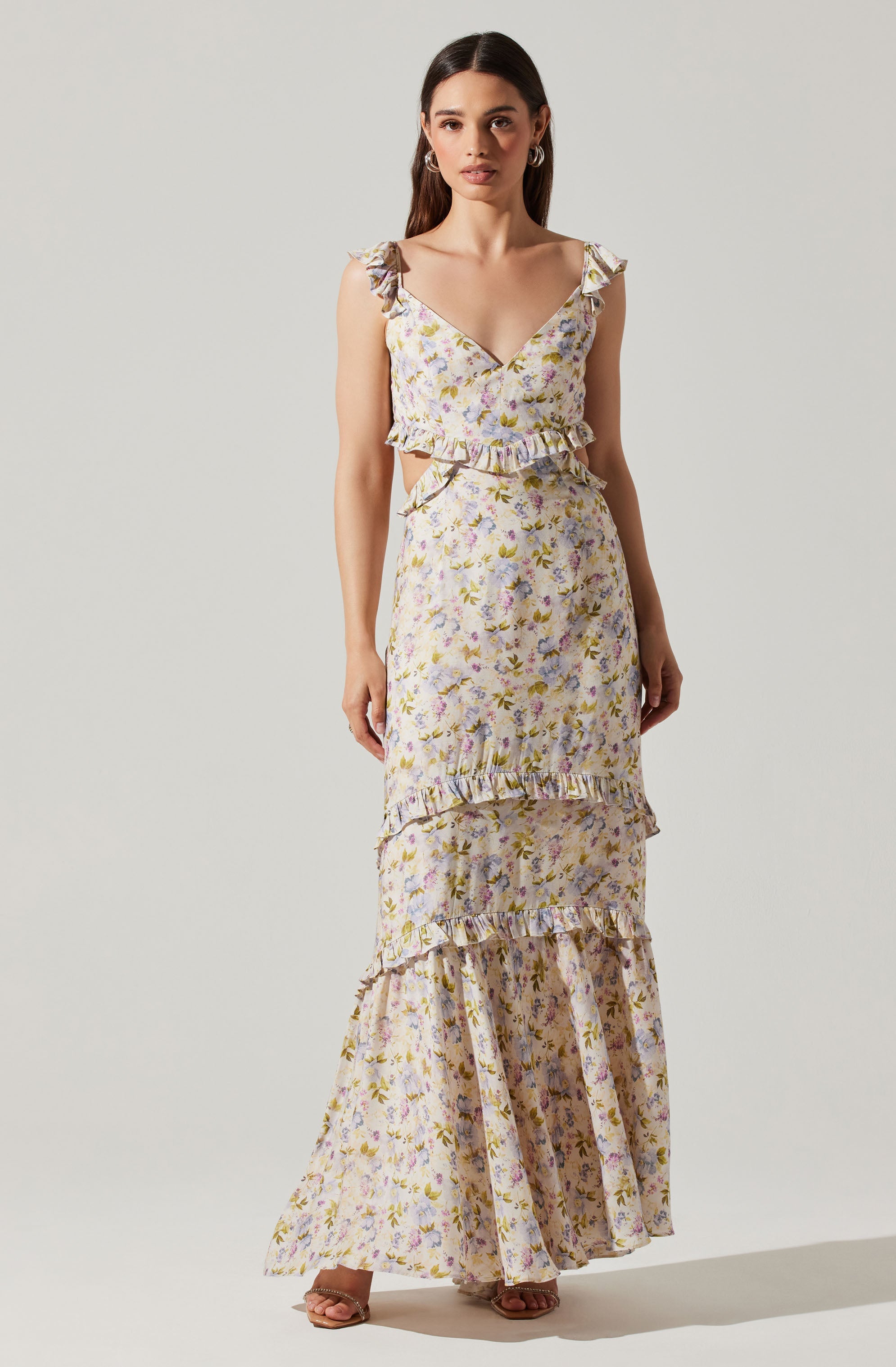 Cassis Floral Ruffle Maxi Dress-Aljck