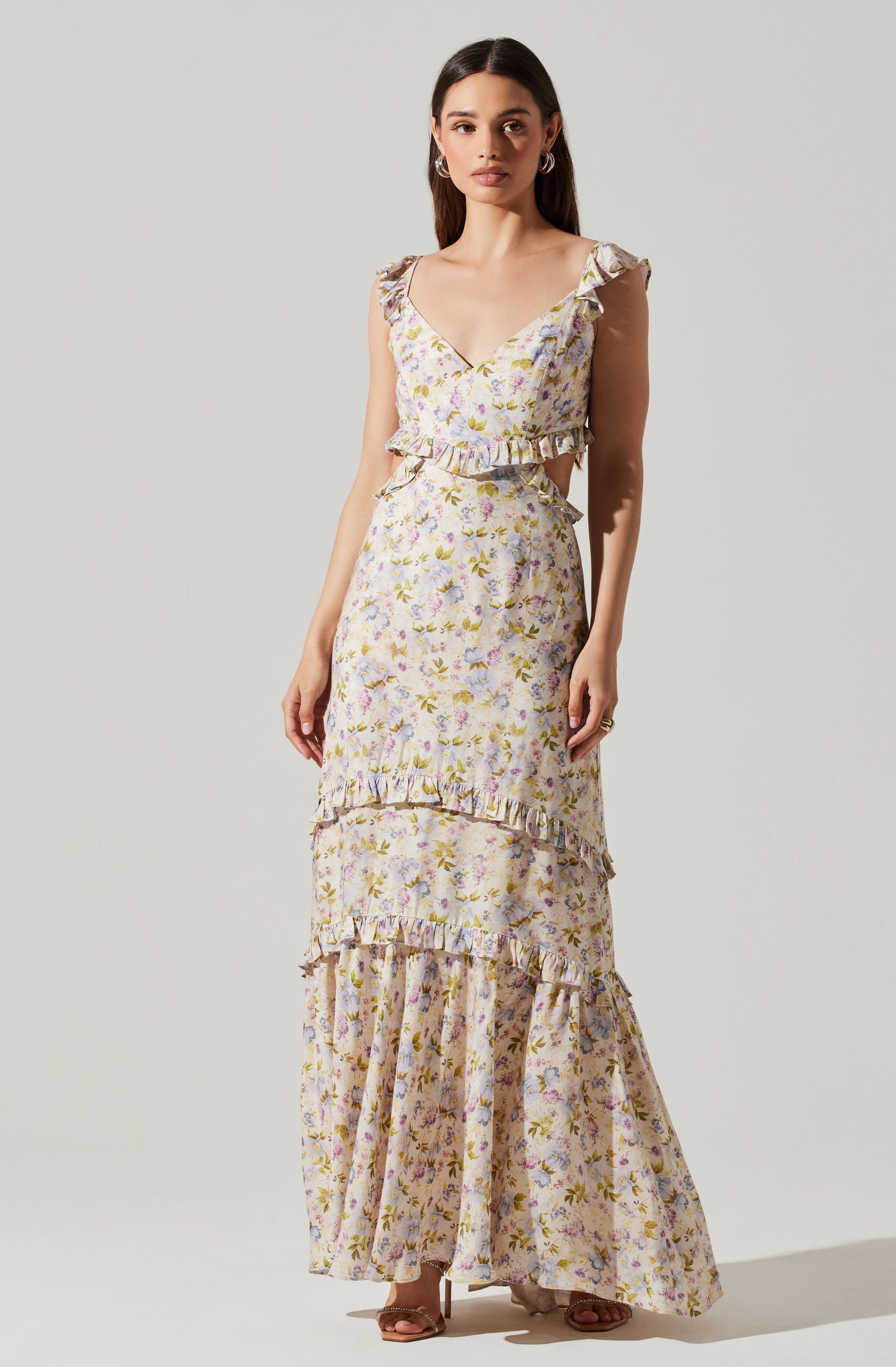 Cassis Floral Ruffle Maxi Dress-Aljck