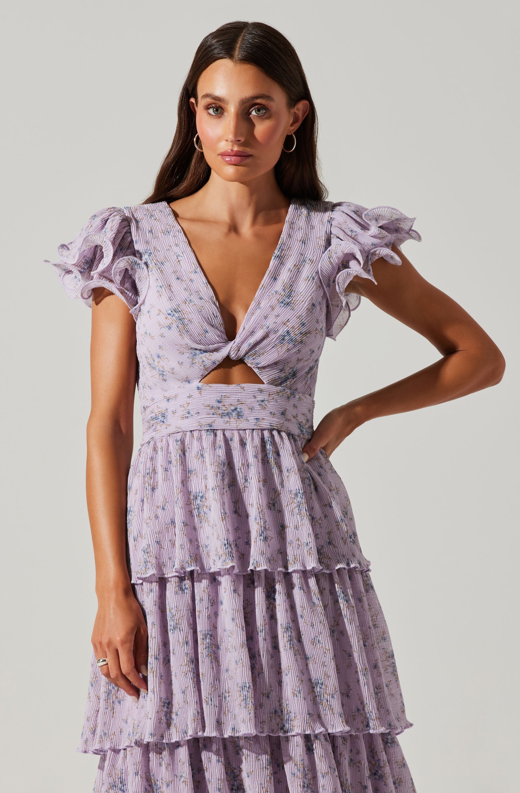 Emporia Floral Pleated Tiered Midi Dress-Aljck