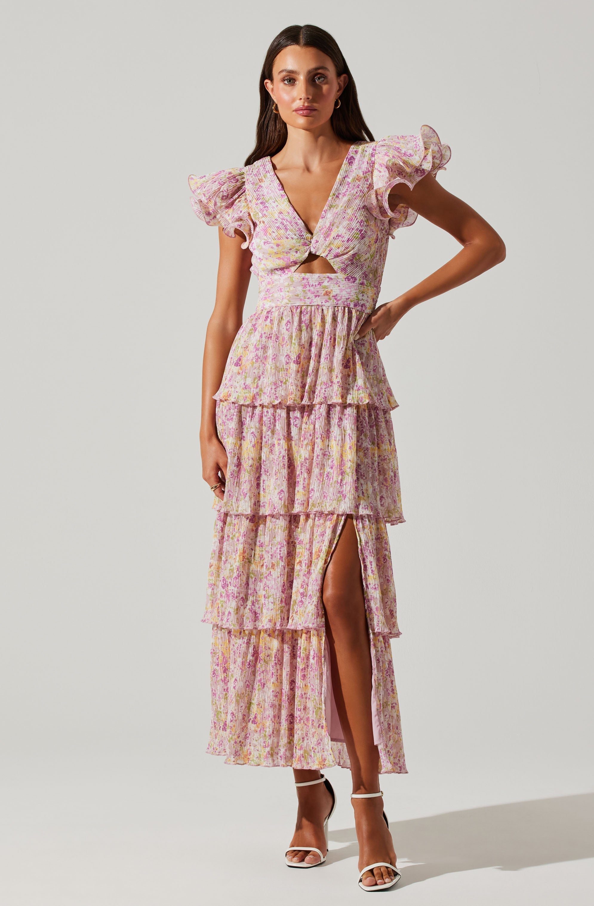 Emporia Floral Pleated Tiered Midi Dress-Aljck