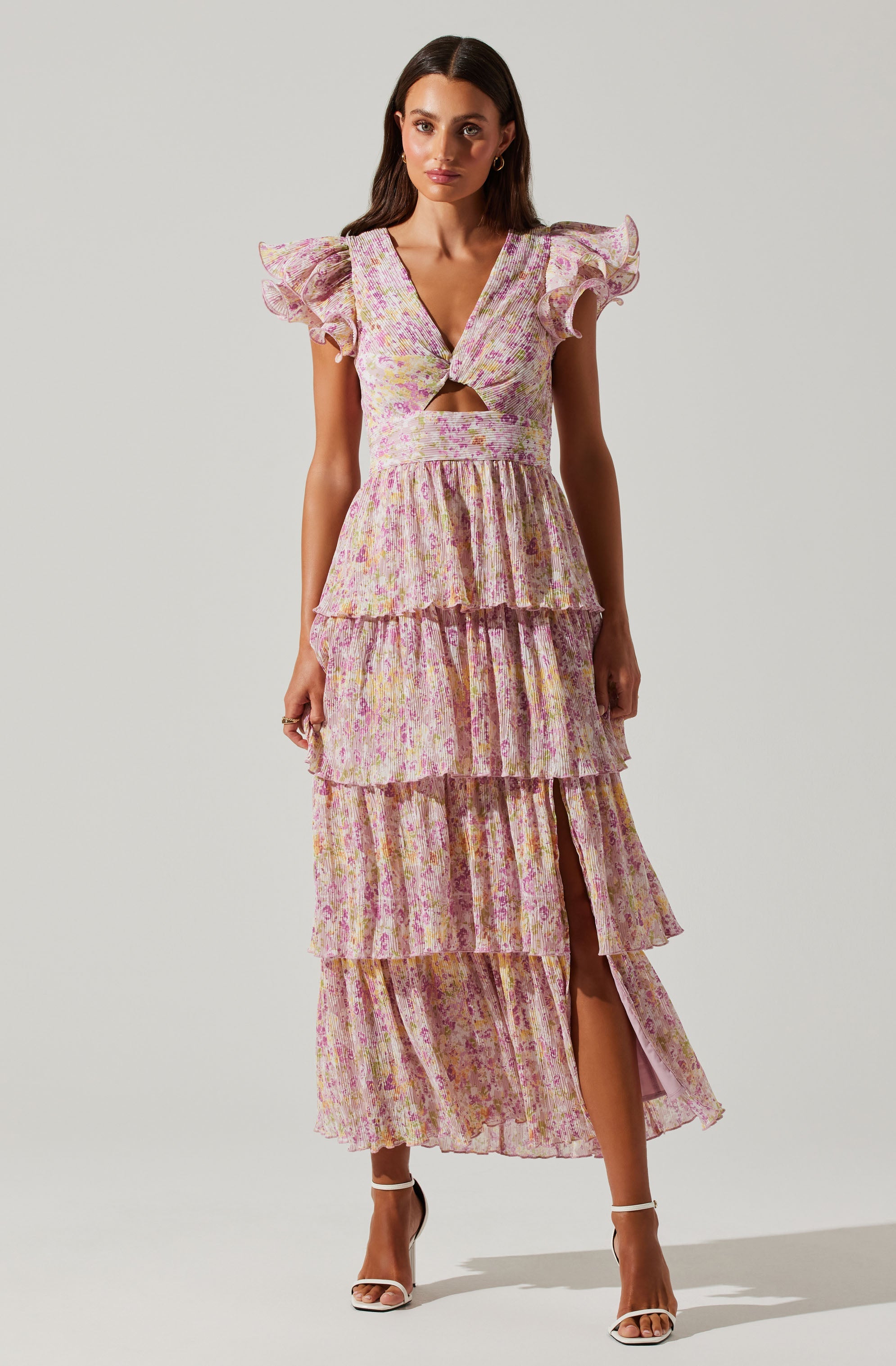 Emporia Floral Pleated Tiered Midi Dress-Aljck