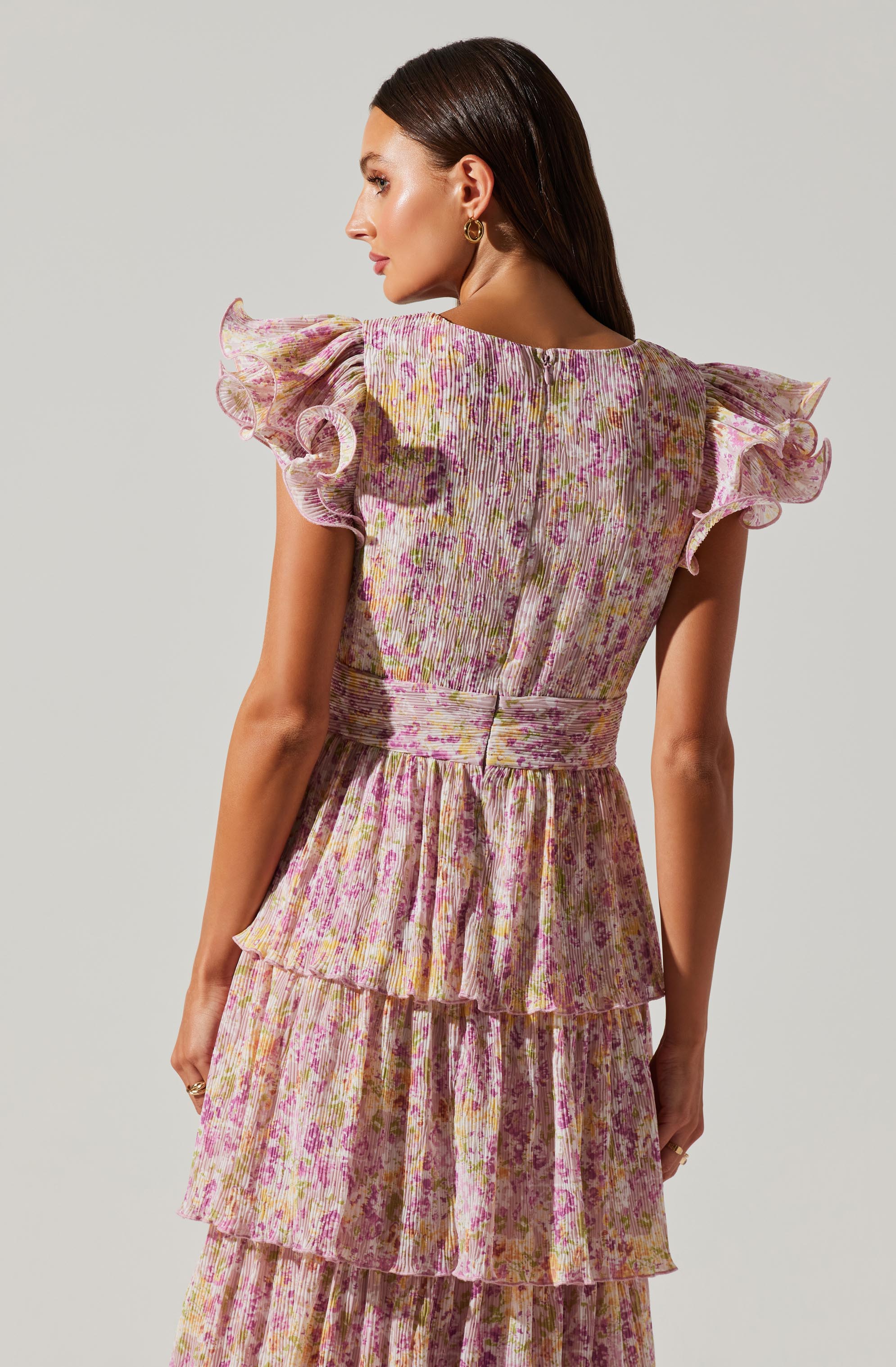 Emporia Floral Pleated Tiered Midi Dress-Aljck