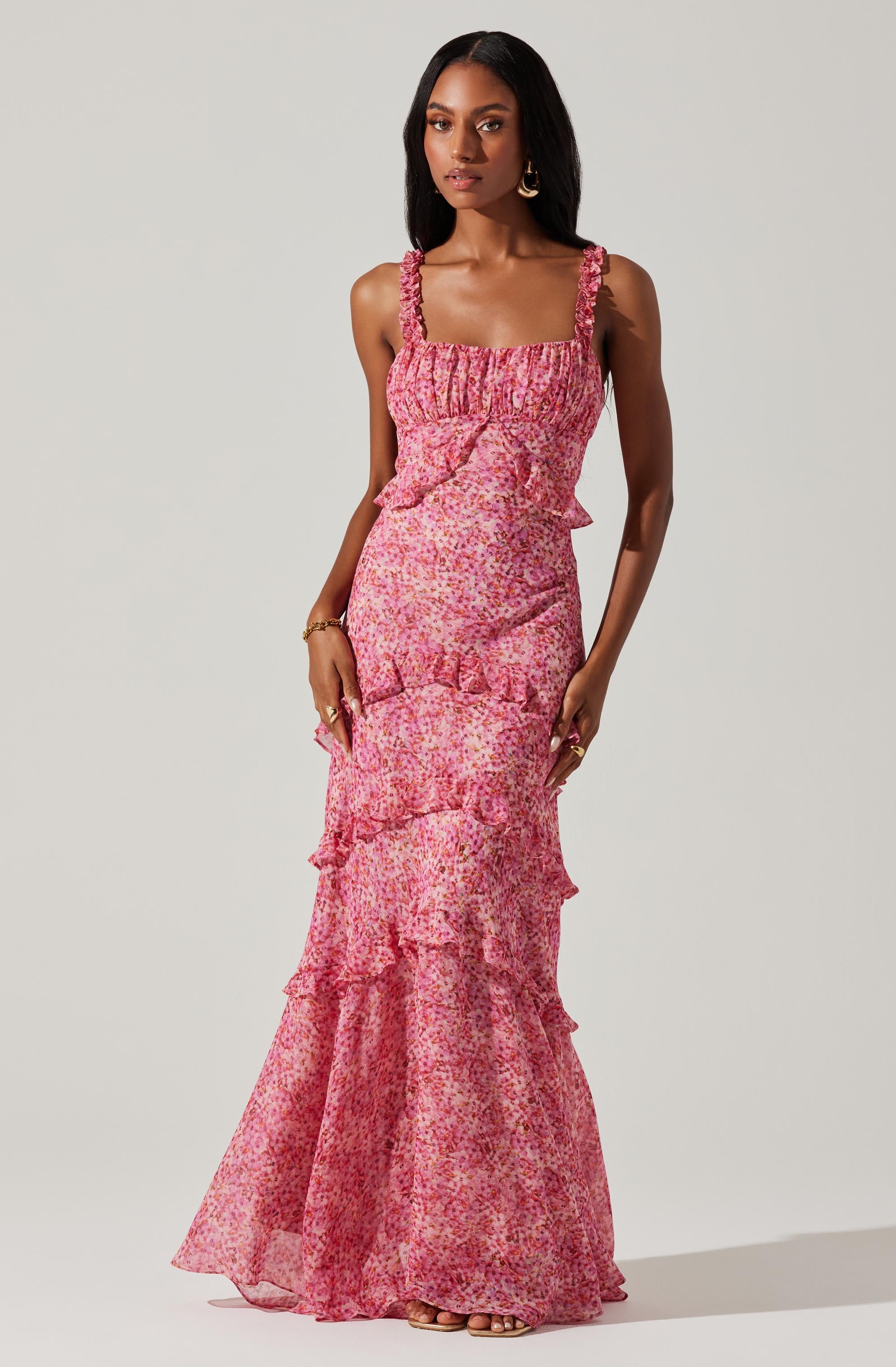 Olina Floral Ruffle Maxi Dress-Aljck