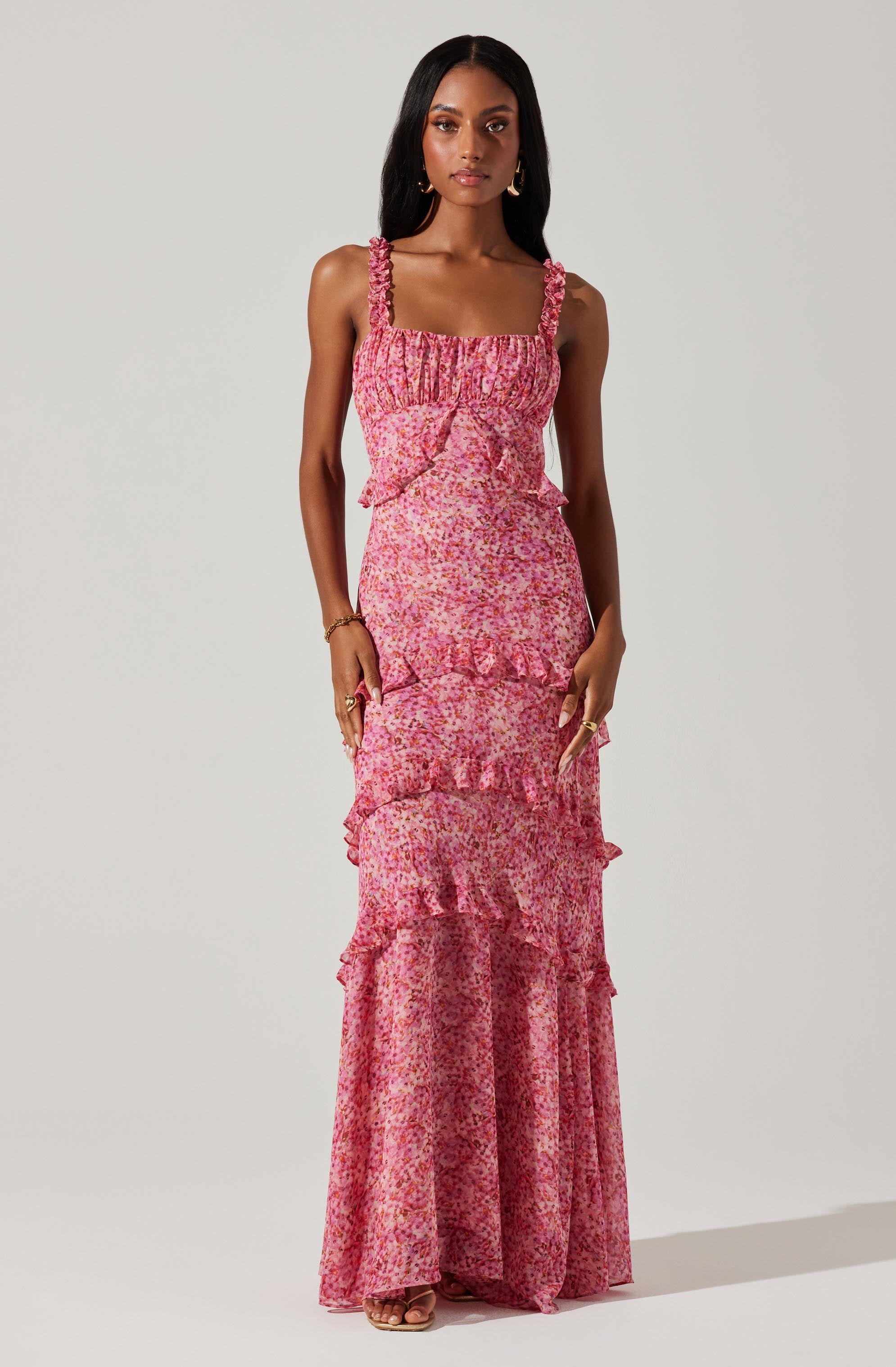 Olina Floral Ruffle Maxi Dress-Aljck