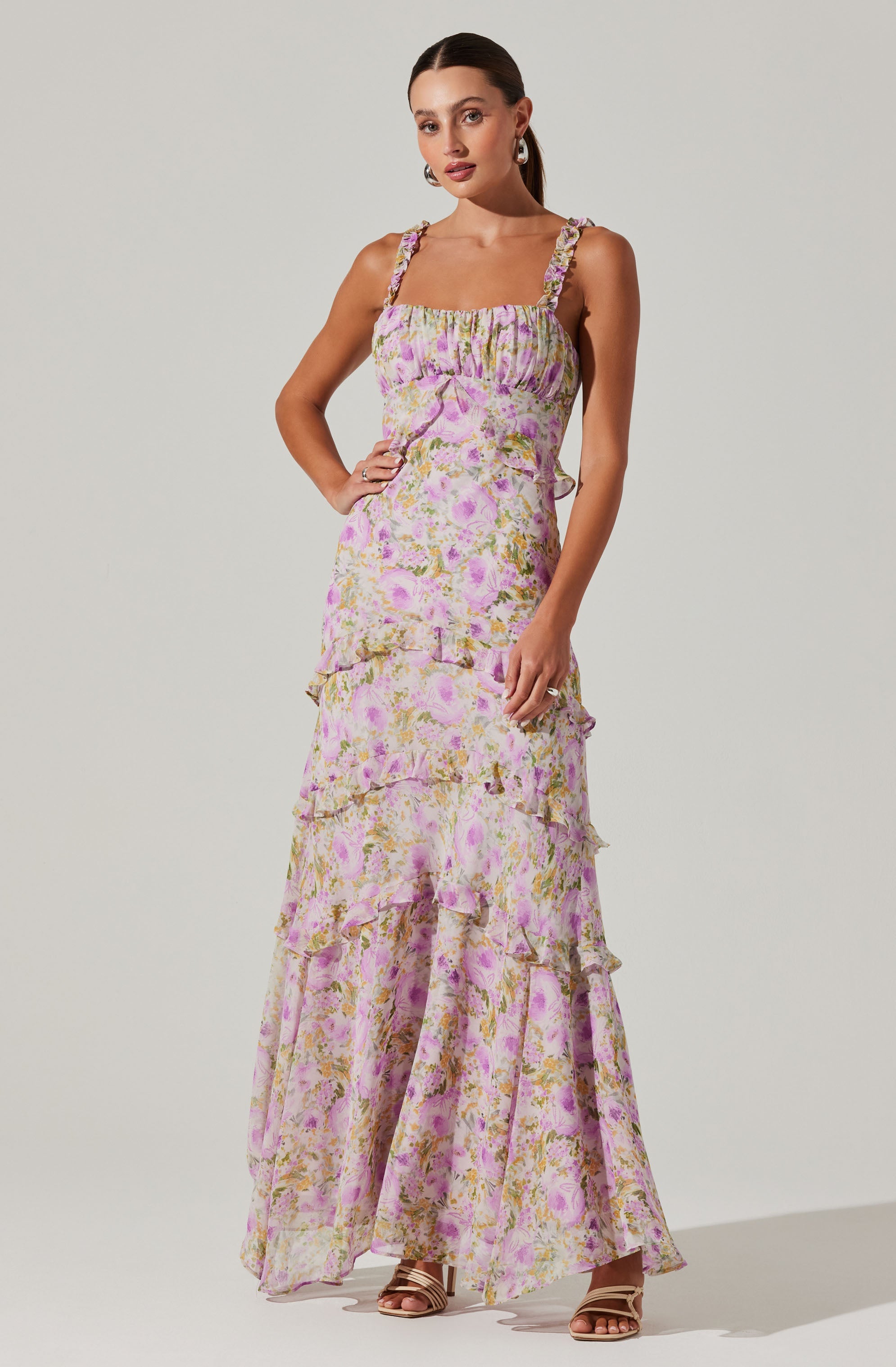 Olina Floral Ruffle Maxi Dress-Aljck