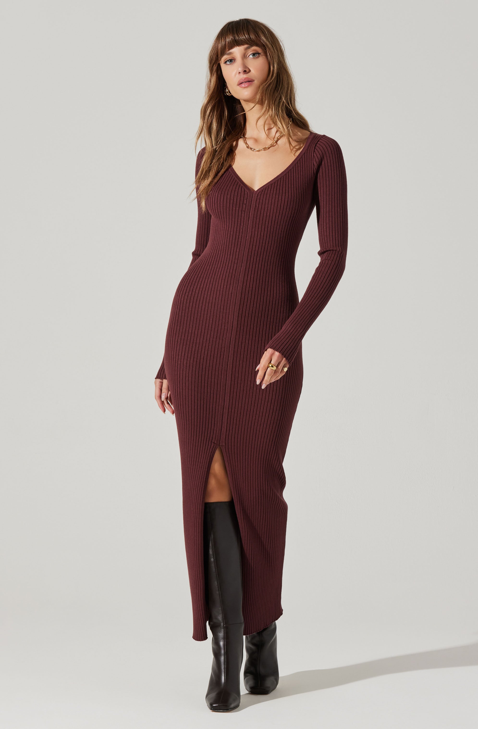 Glenda V-neck Maxi Sweater Dress-Aljck
