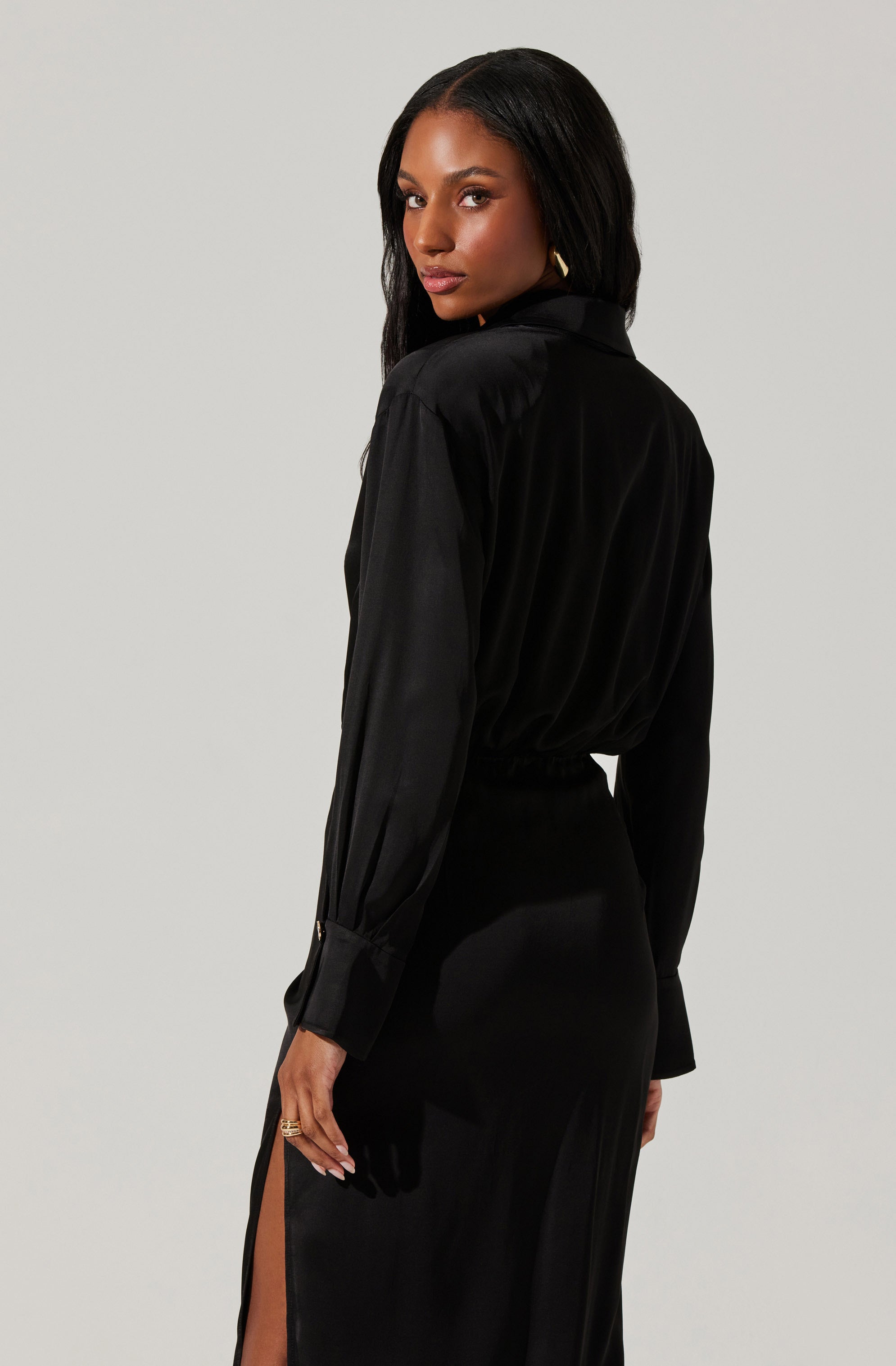 Elizabello Satin Midi Shirt Dress-Aljck