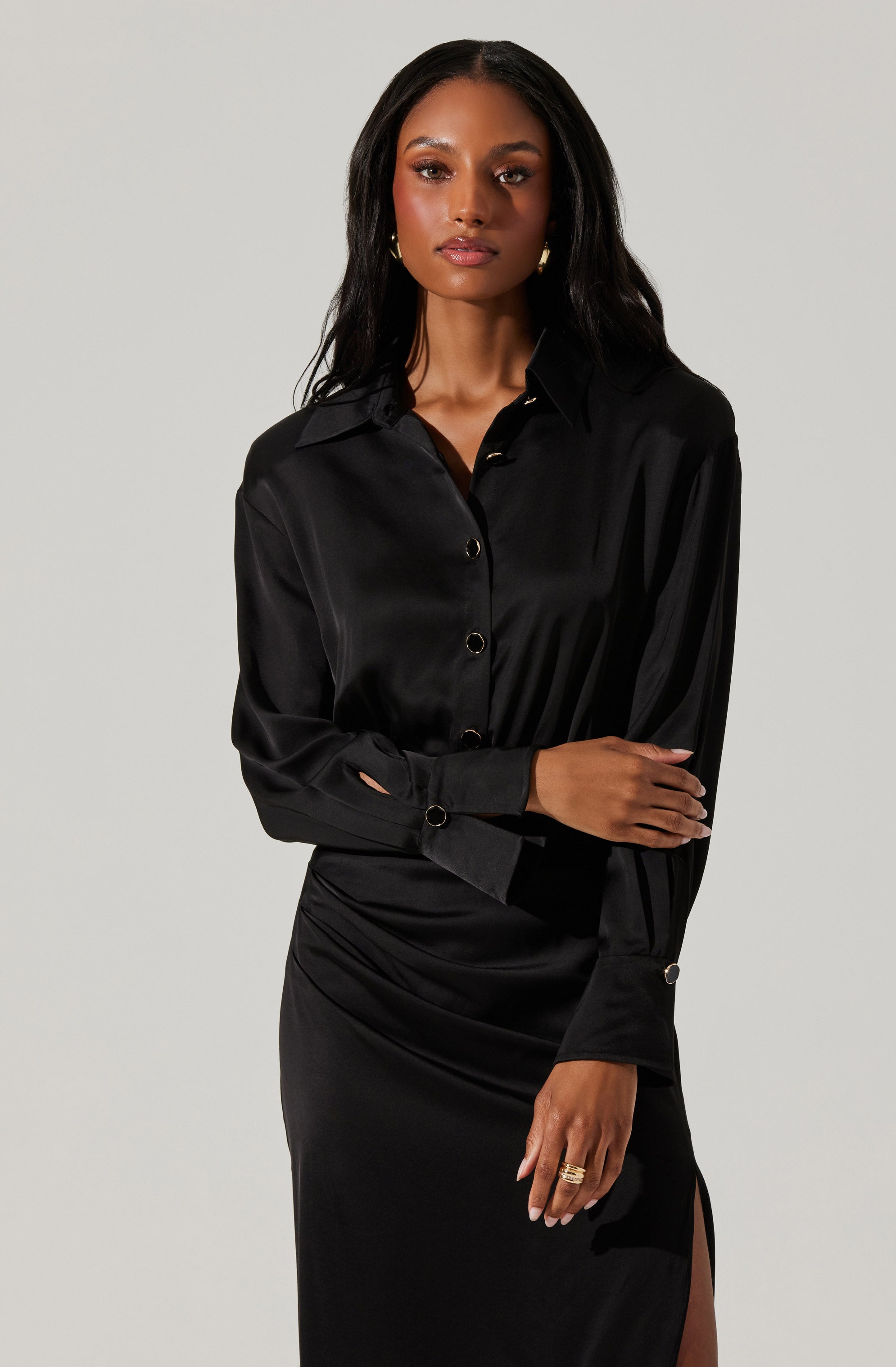 Elizabello Satin Midi Shirt Dress-Aljck