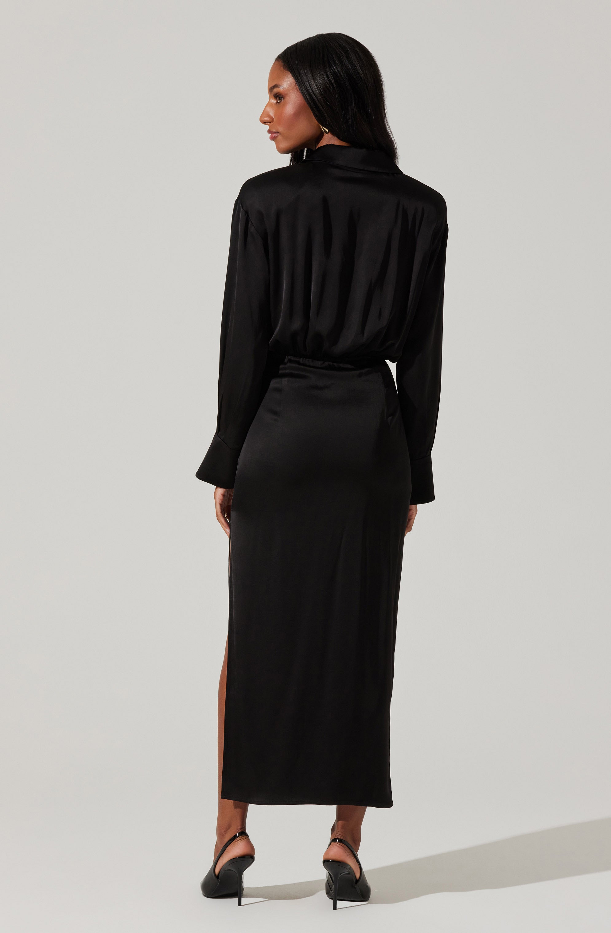 Elizabello Satin Midi Shirt Dress-Aljck