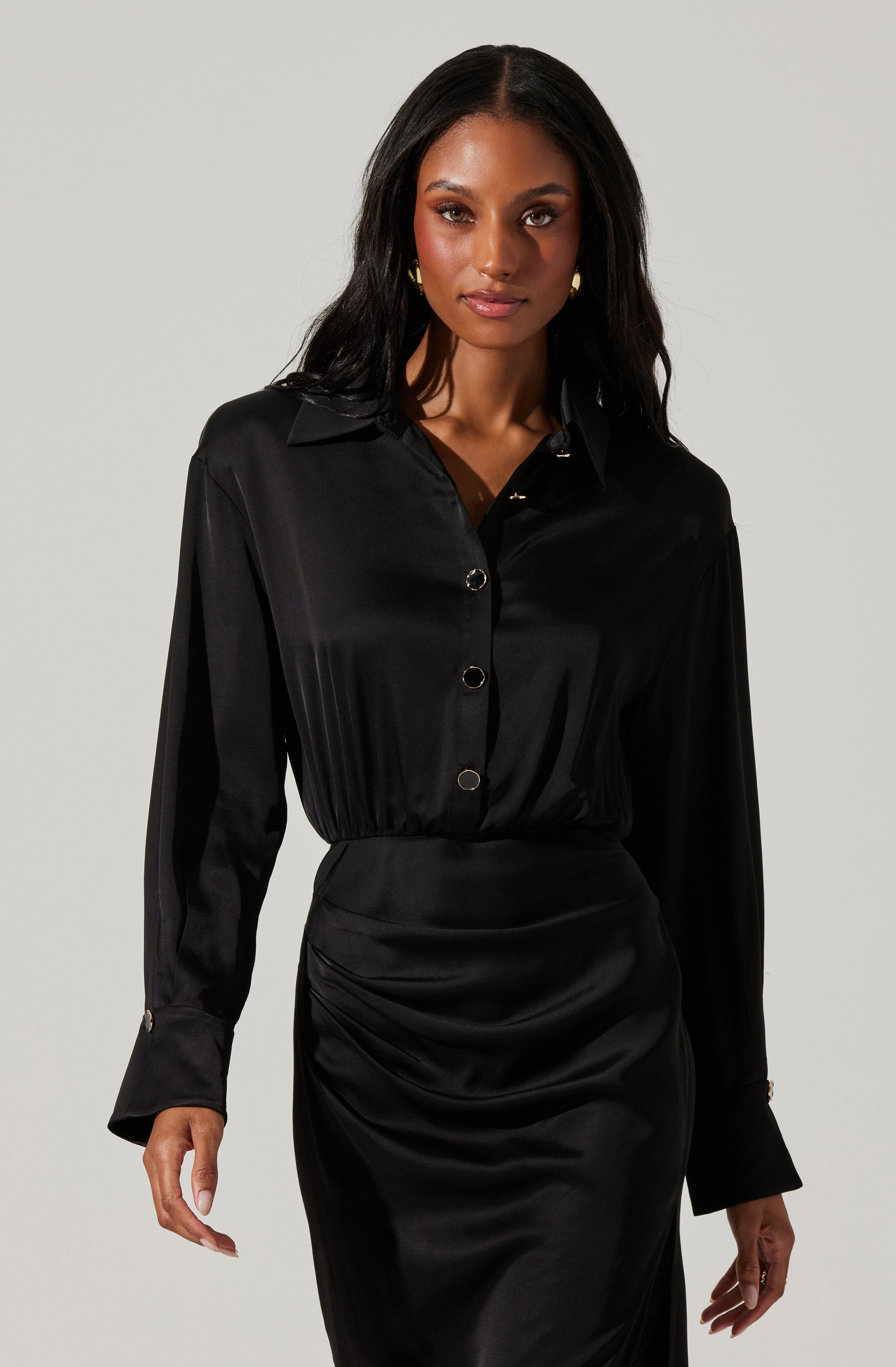 Elizabello Satin Midi Shirt Dress-Aljck