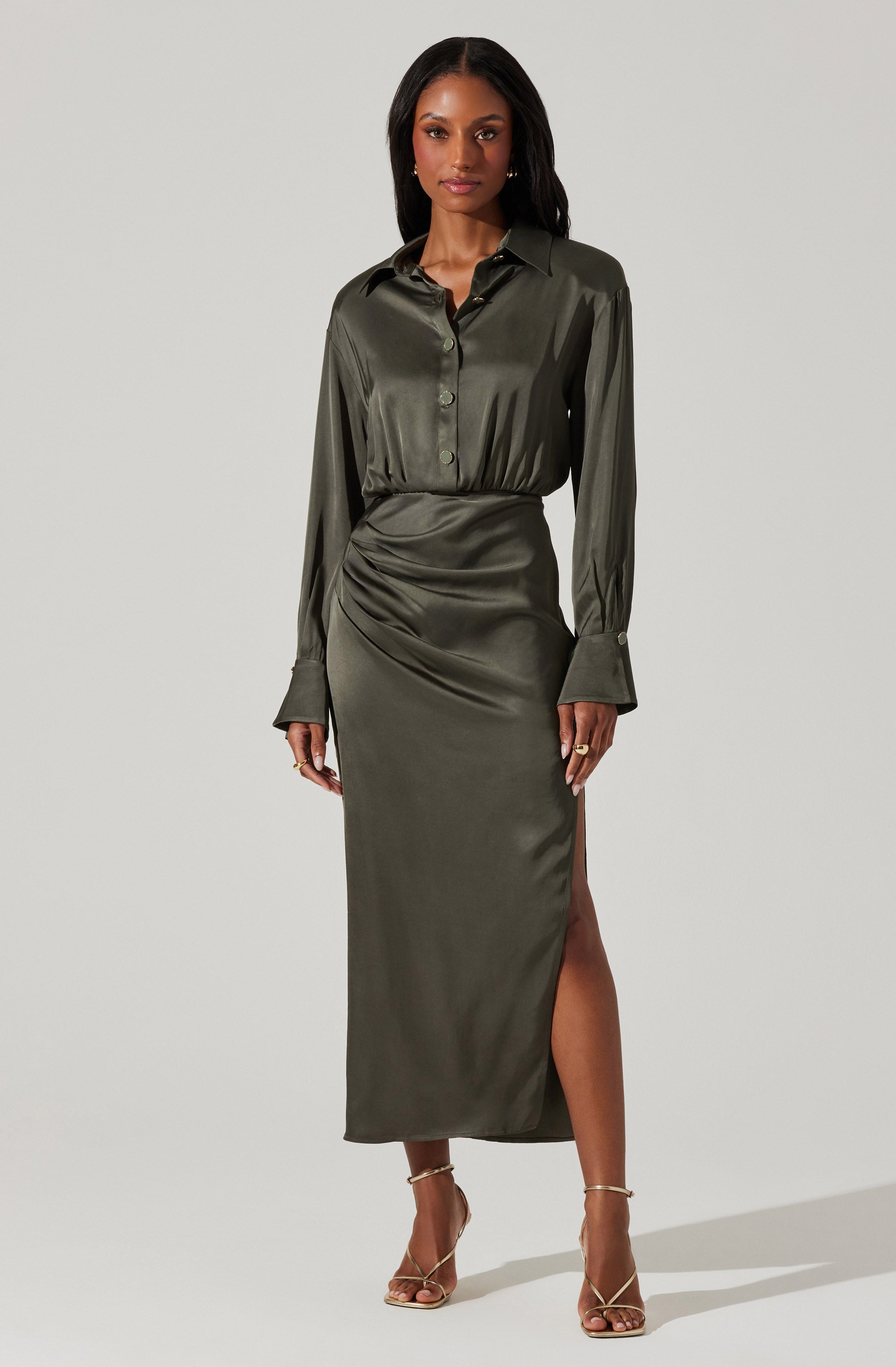 Elizabello Satin Midi Shirt Dress-Aljck