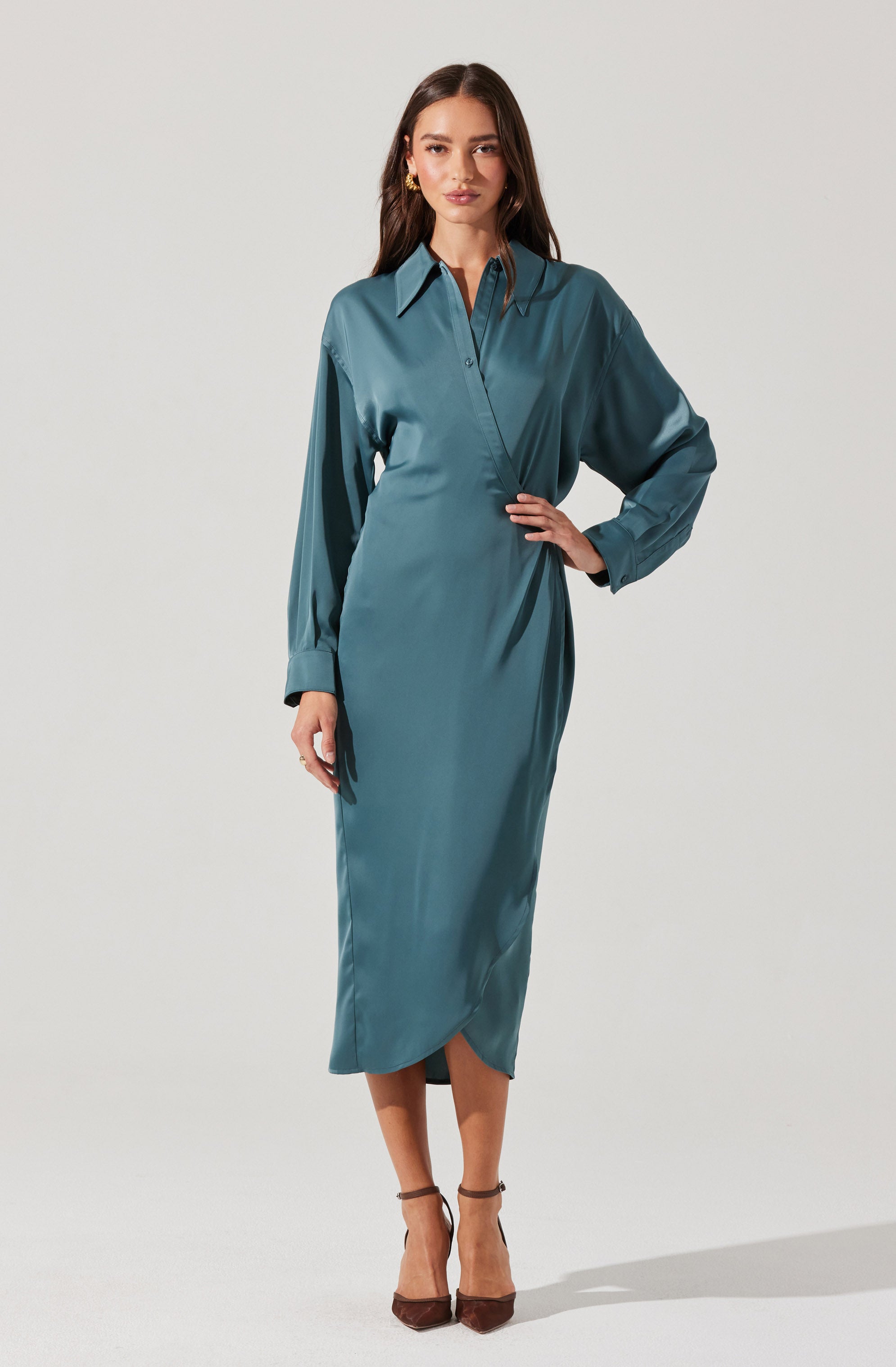 Ira Satin Wrap Shirt Dress-Aljck