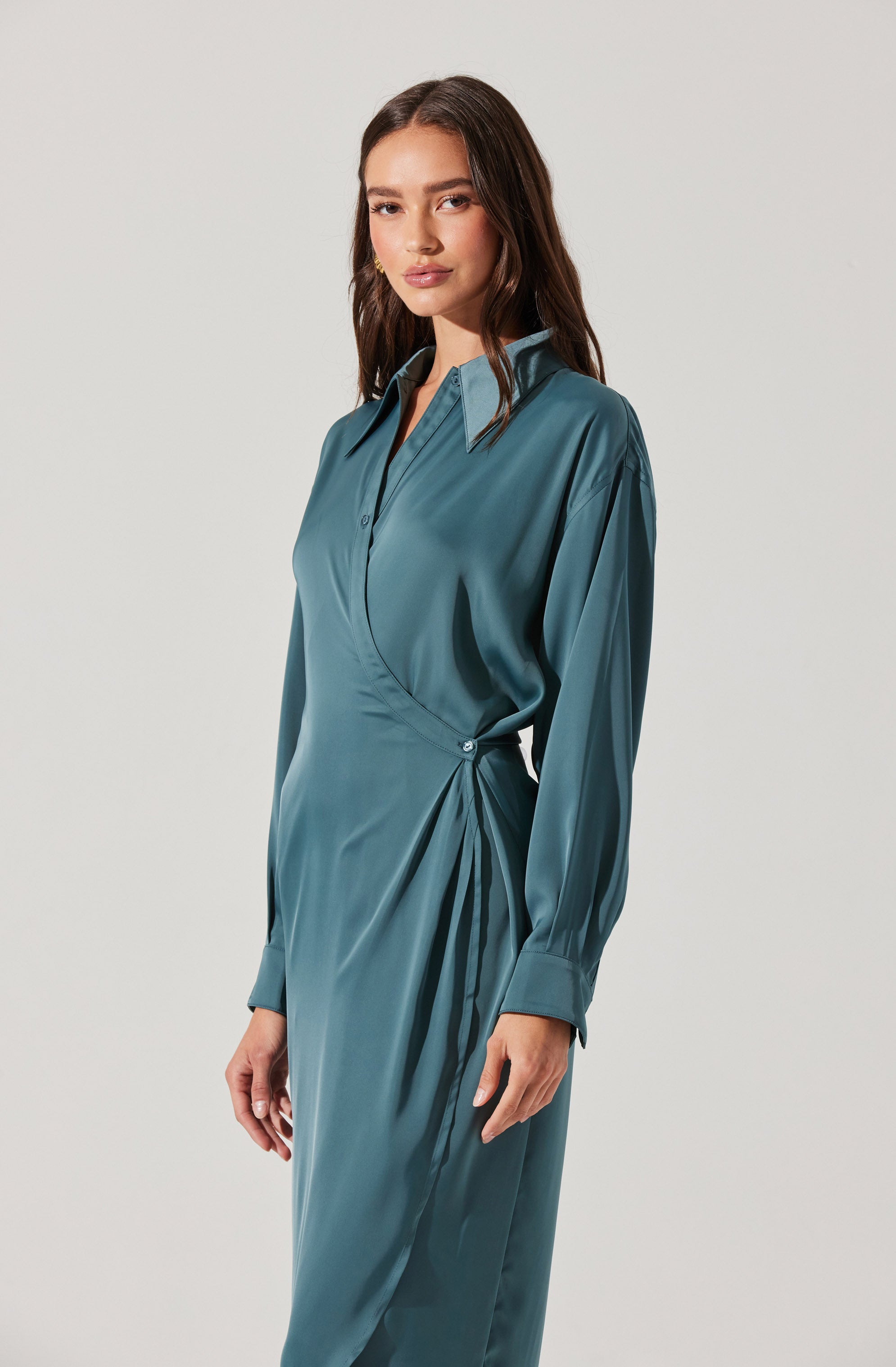 Ira Satin Wrap Shirt Dress-Aljck