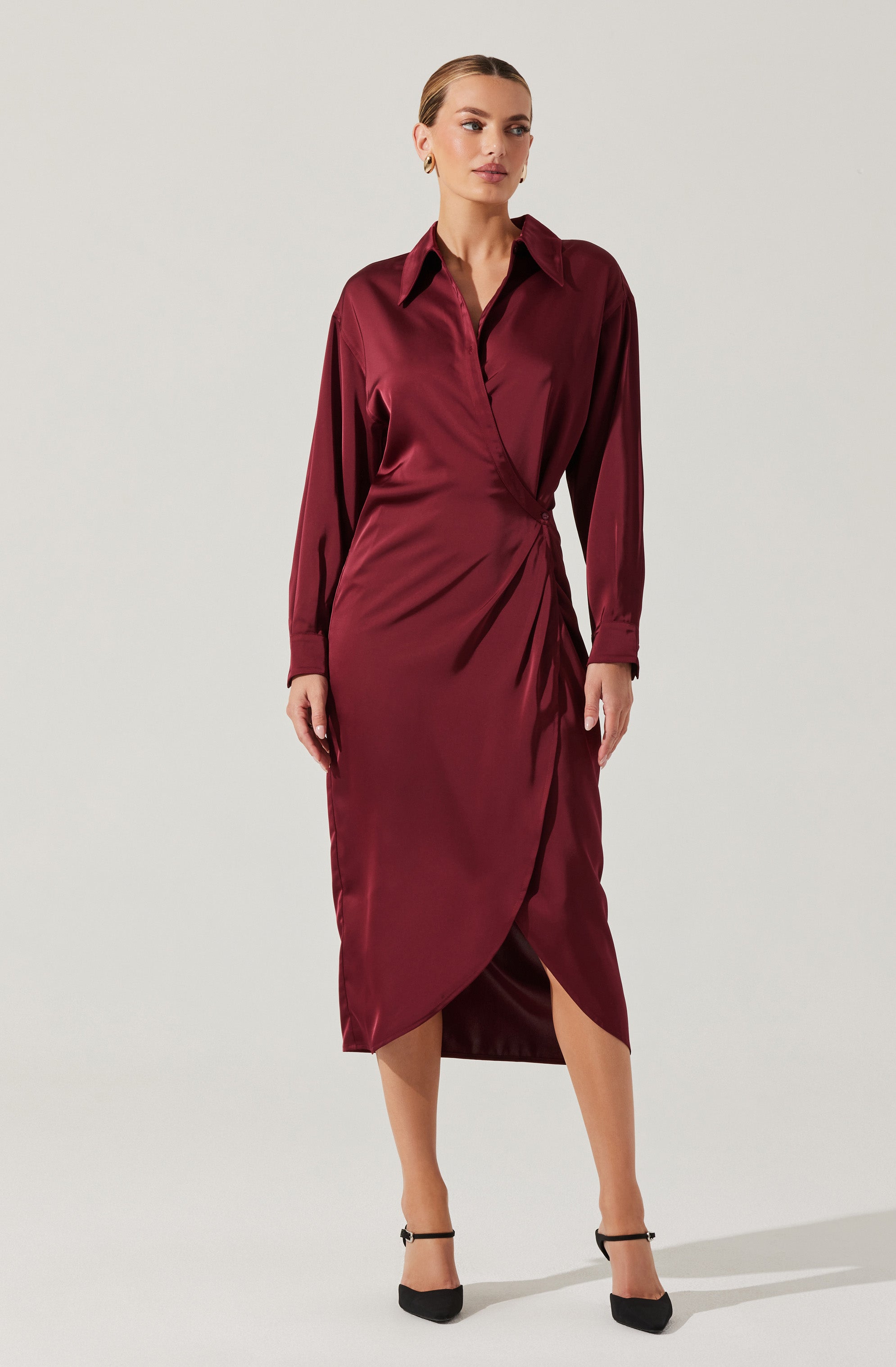 Ira Satin Wrap Shirt Dress-Aljck
