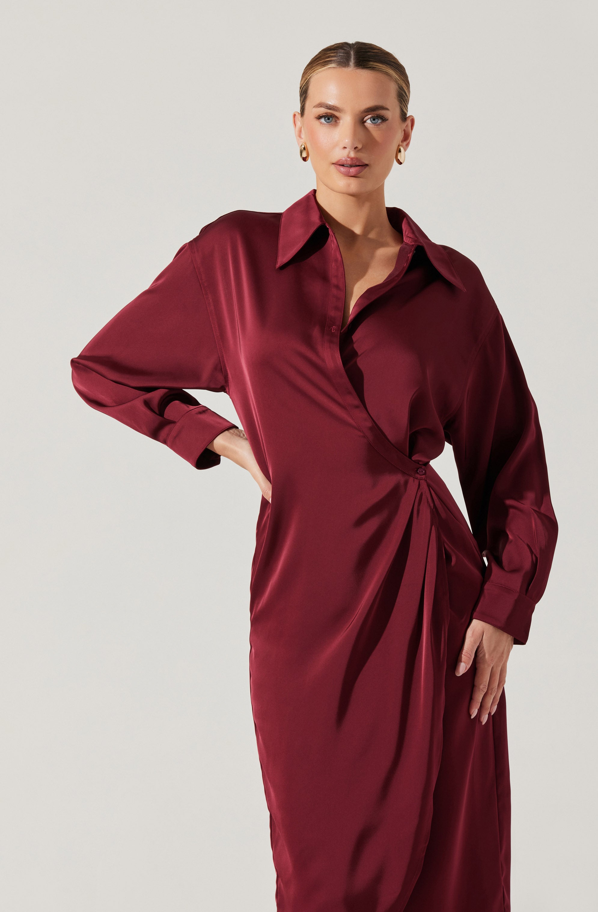 Ira Satin Wrap Shirt Dress-Aljck
