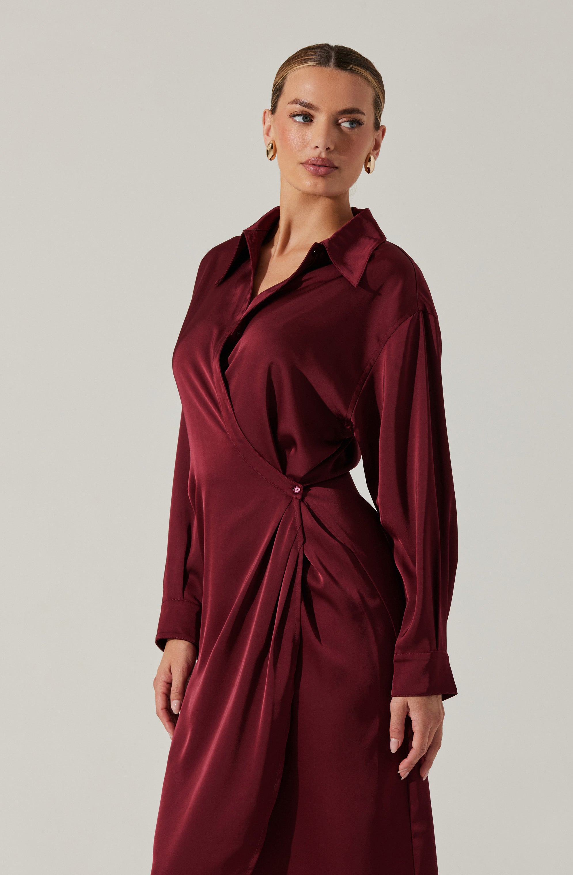 Ira Satin Wrap Shirt Dress-Aljck
