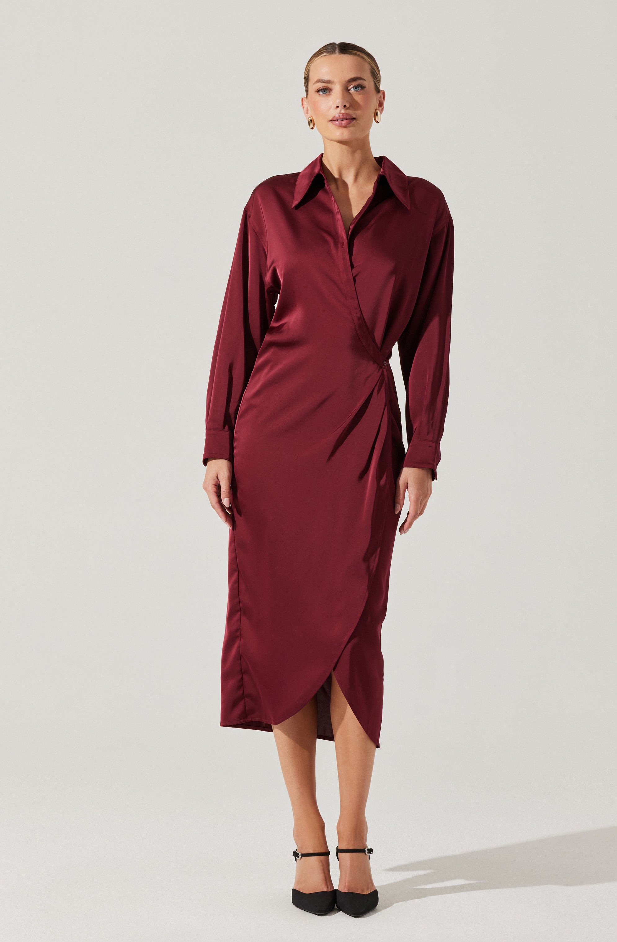 Ira Satin Wrap Shirt Dress-Aljck