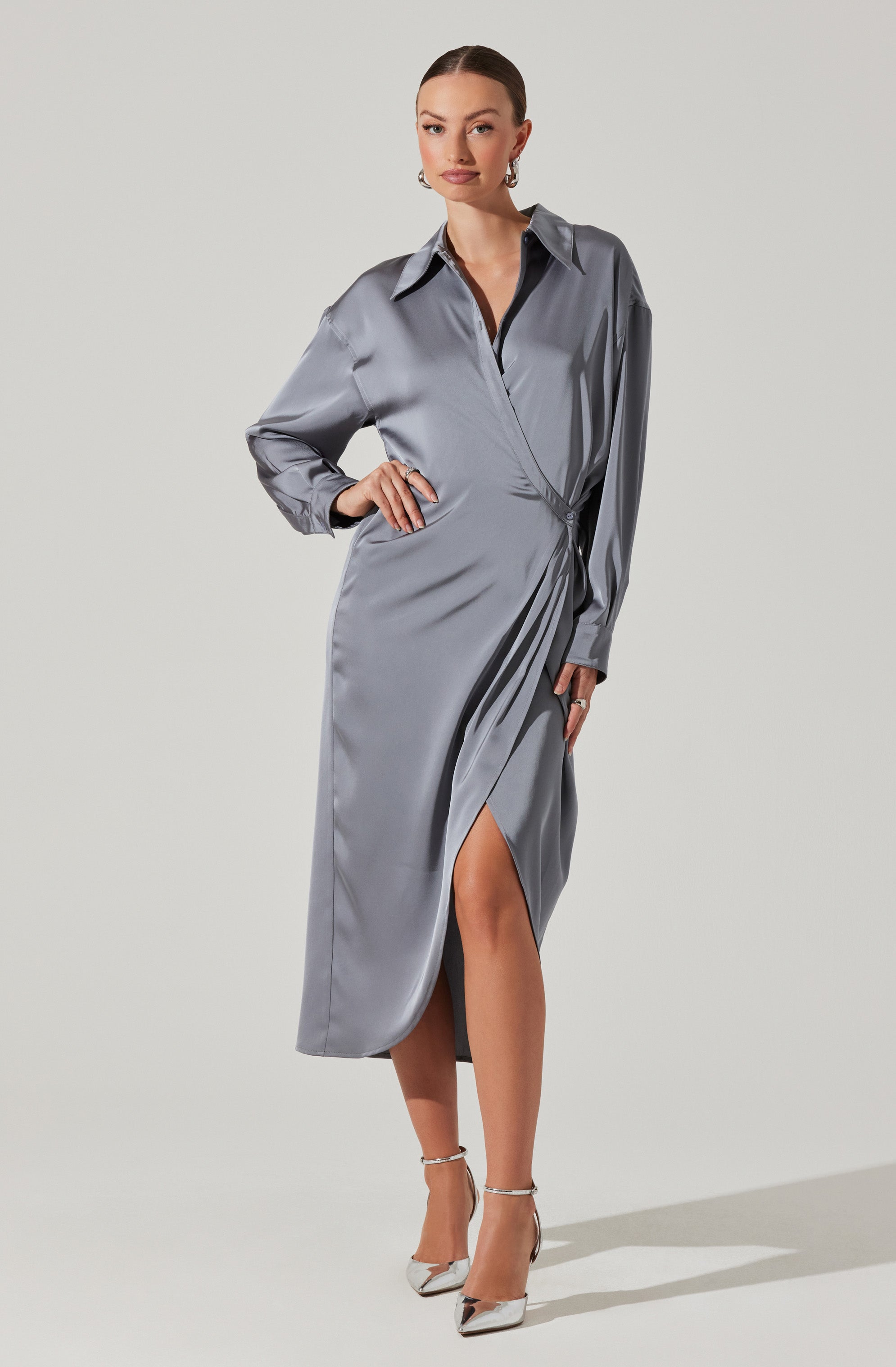 Ira Satin Wrap Shirt Dress-Aljck