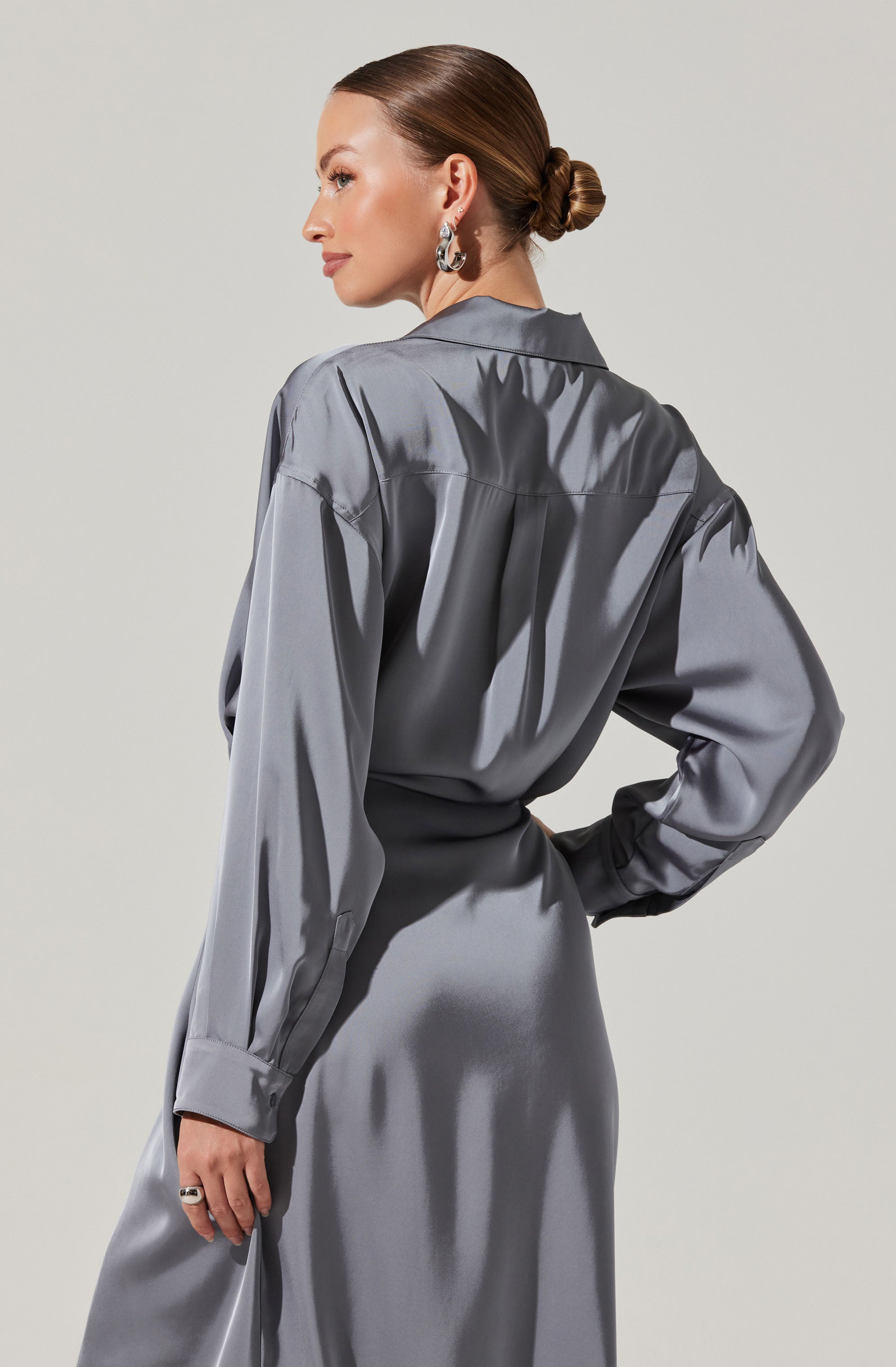 Ira Satin Wrap Shirt Dress-Aljck