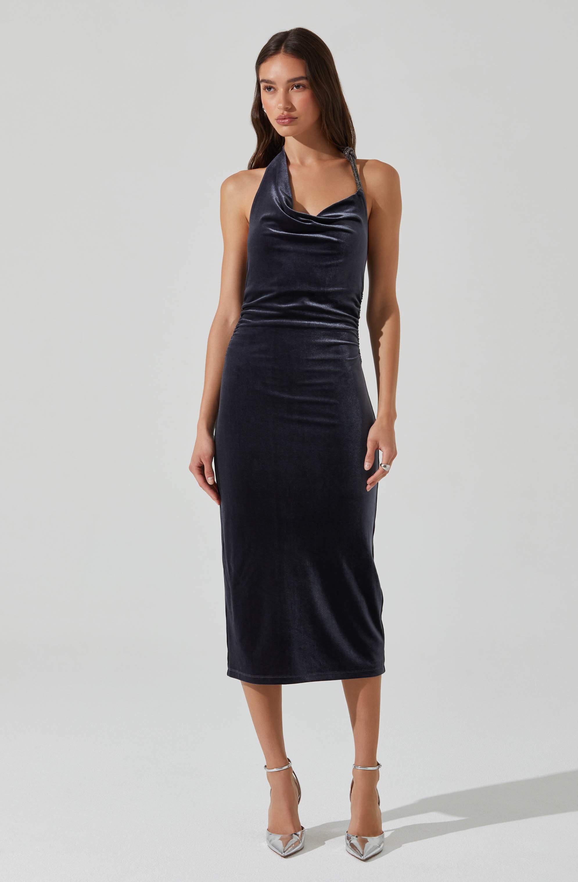 Eugenie Velvet Halter Midi Dress-Aljck