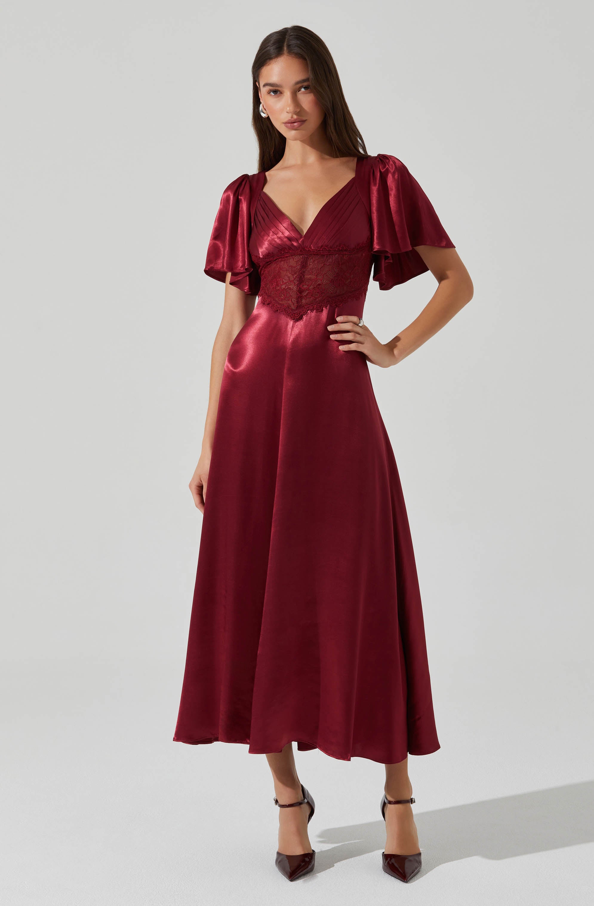 Aurelia Satin V-Neck Midi Dress-Aljck