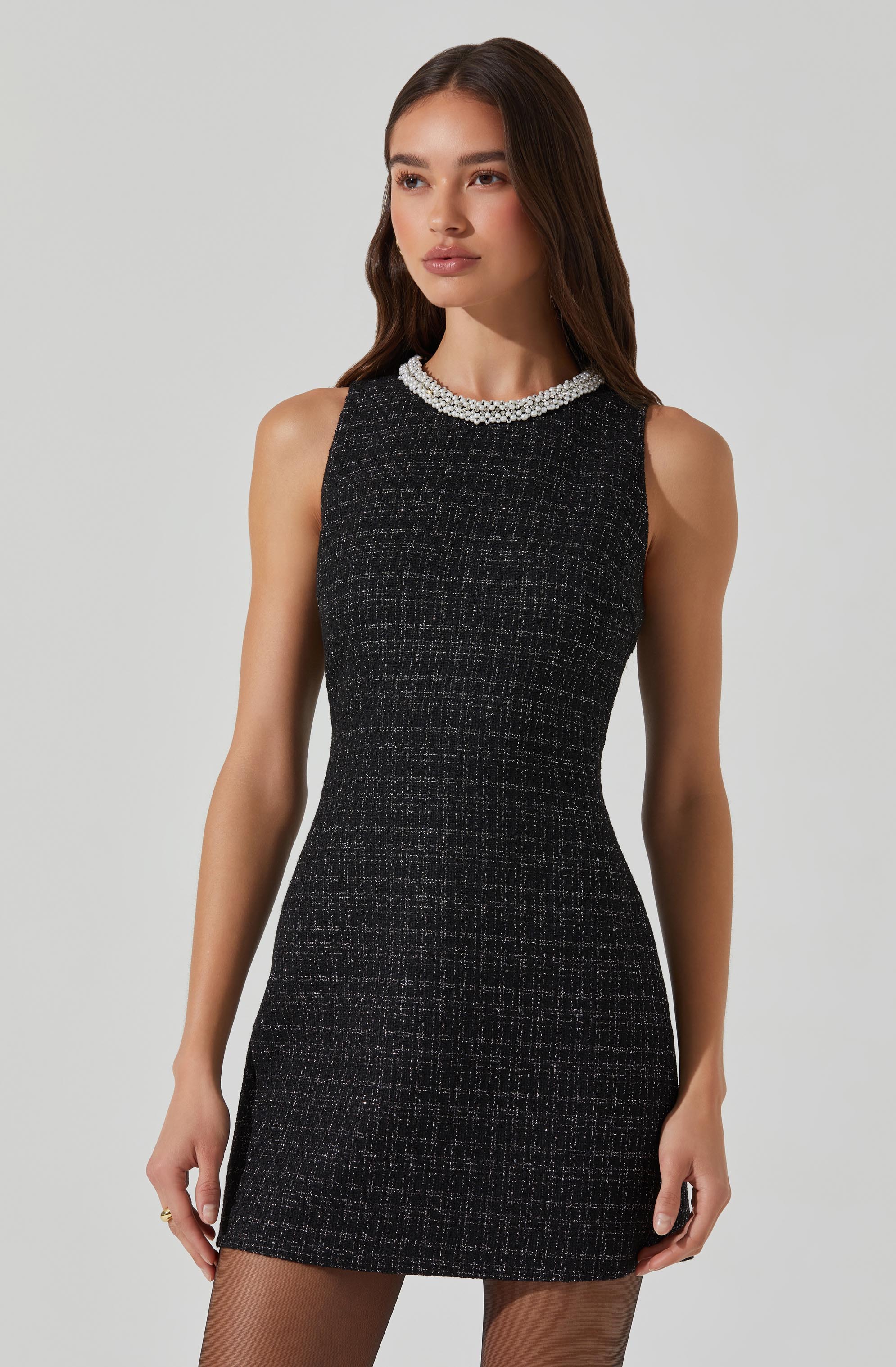 Althea Tweed Pearl Collar Mini Dress-Aljck
