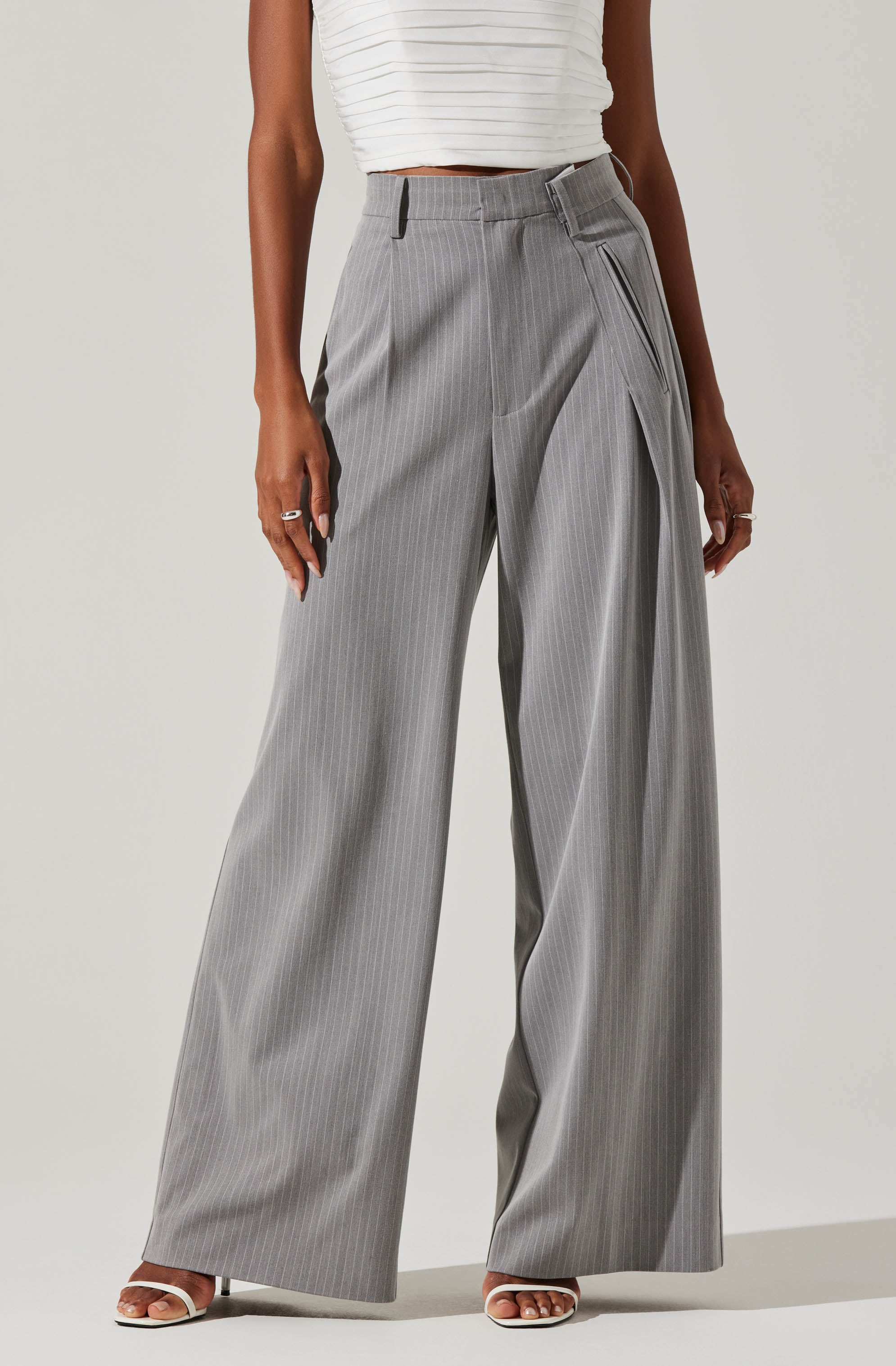 Dawson Pinstripe Asymmetric Wide Leg Pants-Aljck