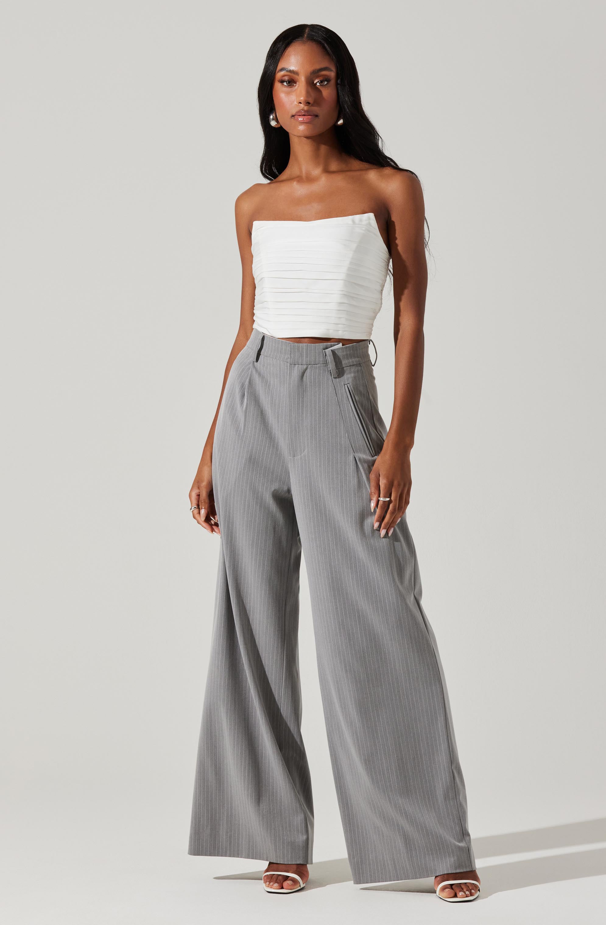 Dawson Pinstripe Asymmetric Wide Leg Pants-Aljck
