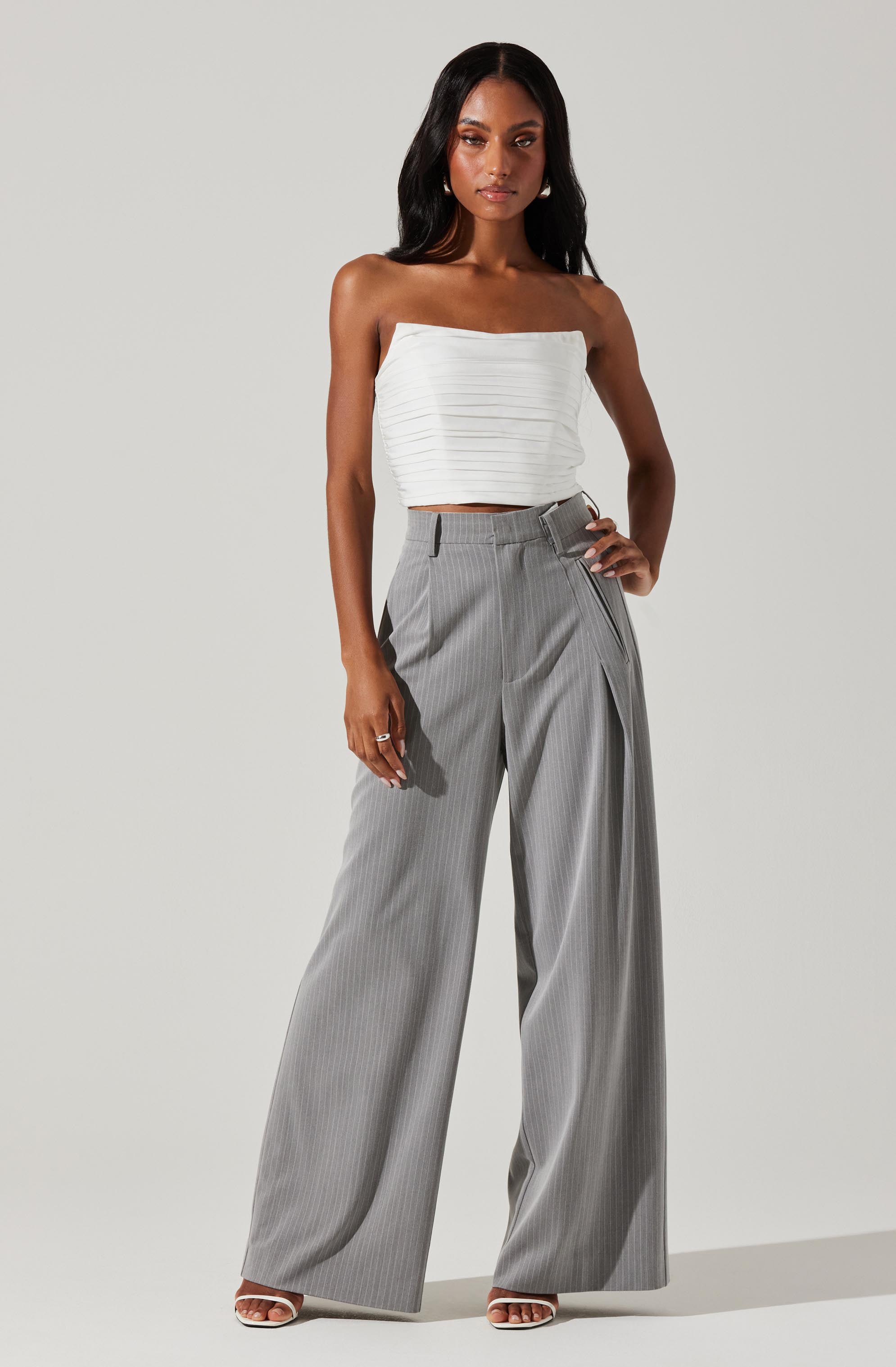 Dawson Pinstripe Asymmetric Wide Leg Pants-Aljck